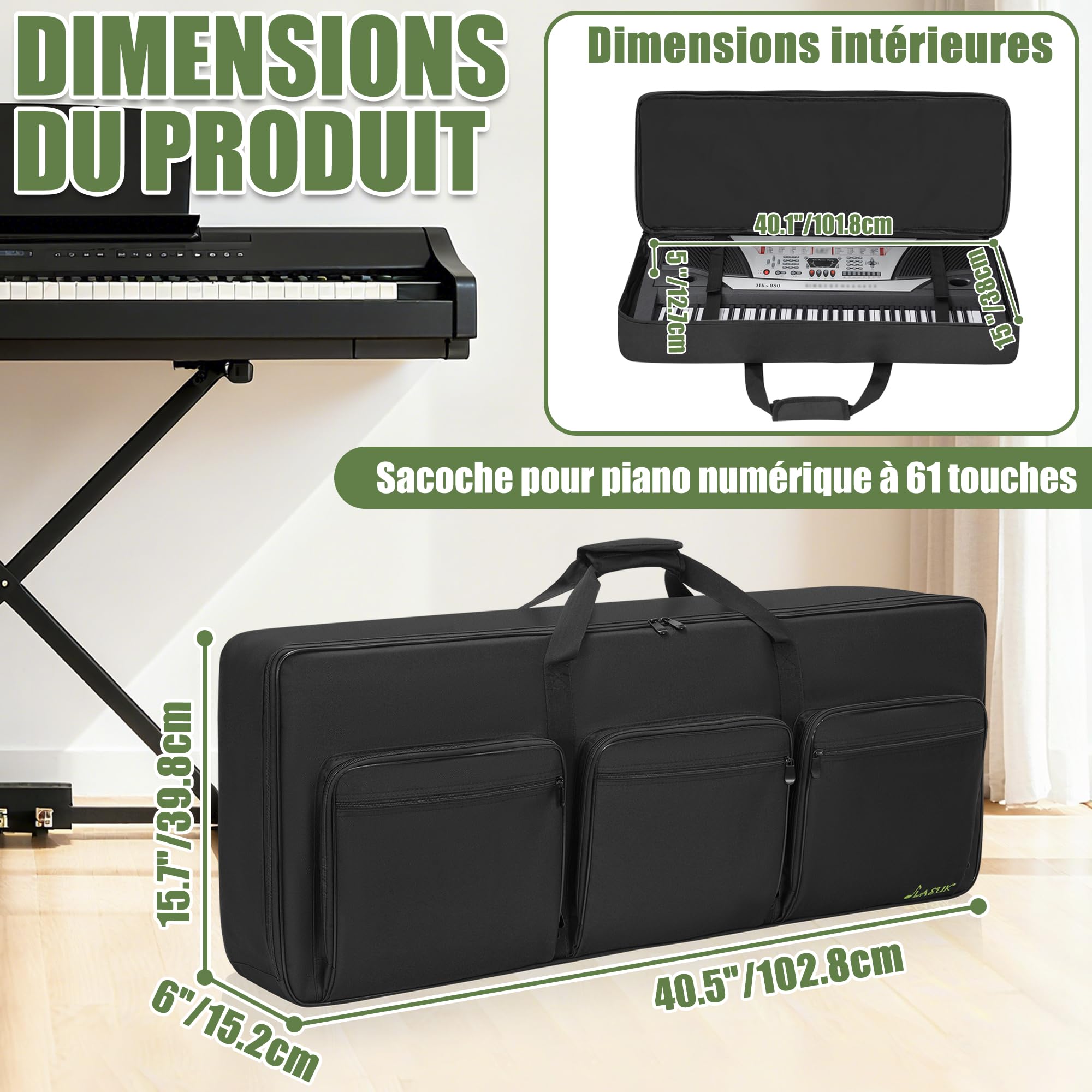 OUUTMEE - Bolsa para teclado piano electrónico (61 teclas, 103 x 38 x 13 cm) | Funda de transporte con correa para el hombro, 6 bolsillos para accesorios, para piano eléctrico