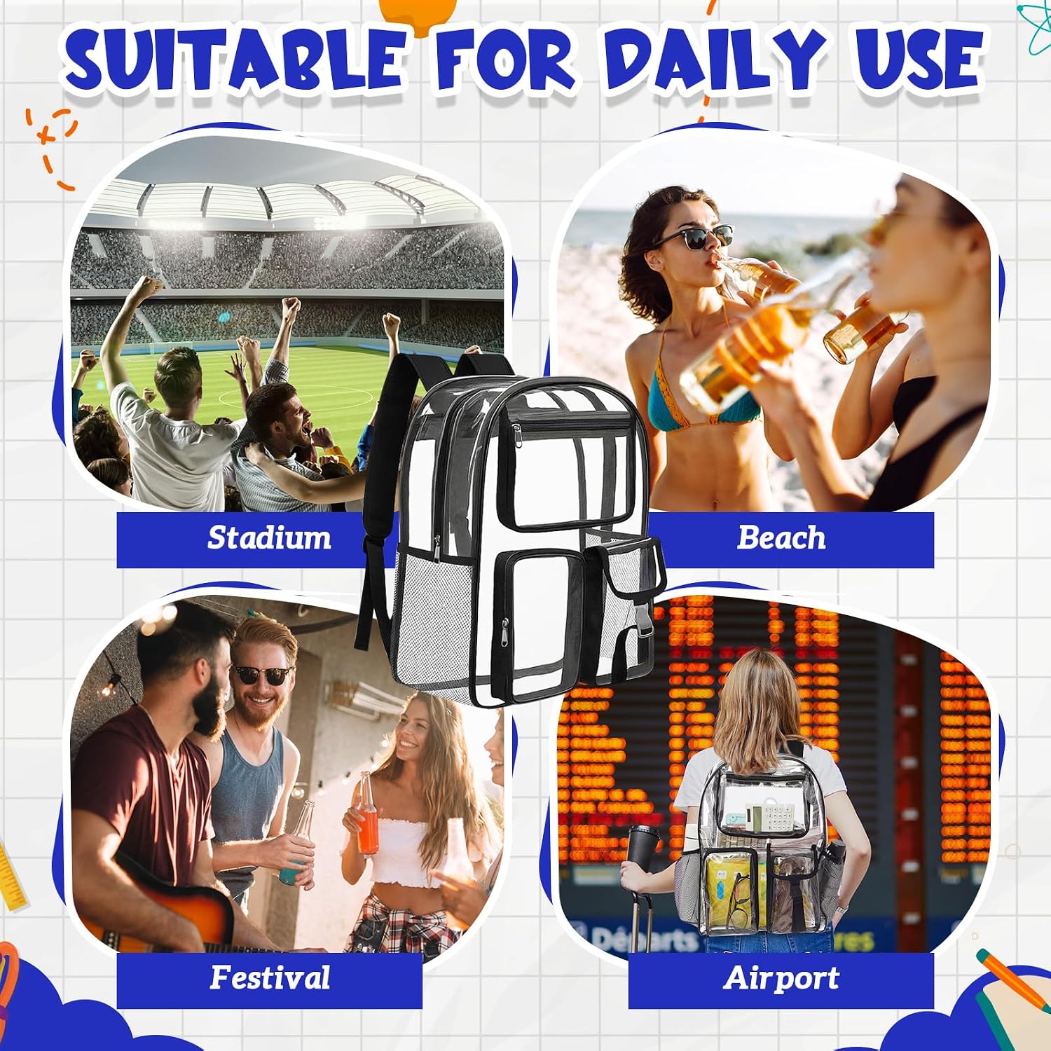Amylove 1 Pcs Heavy Duty Clear Backpack Bulk 17 Inch Transparent PVC Bookbag for Stadium Travel Donation (Black)