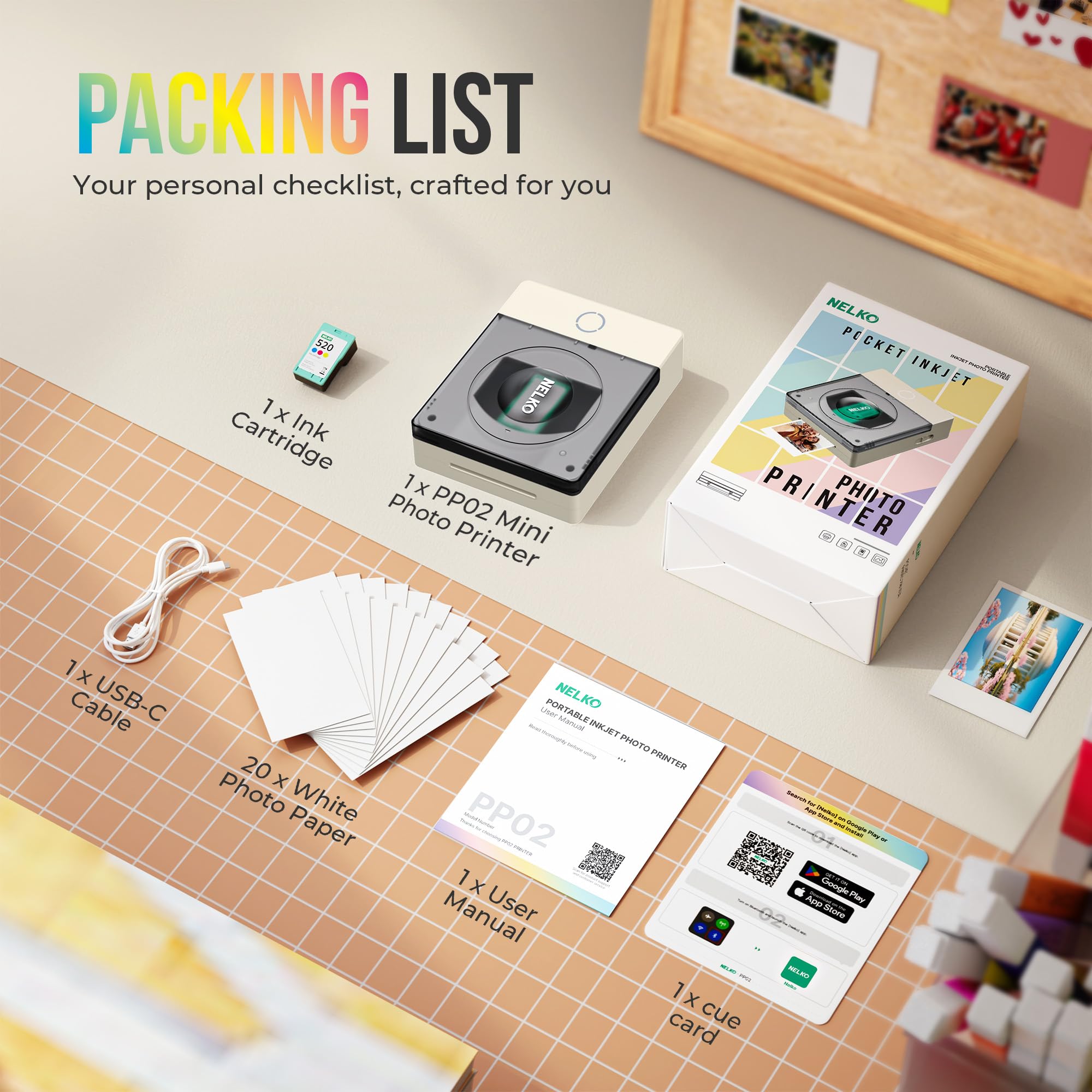 Nelko Fotodrucker PP02 Farbe Tragbarer Mini Fotodrucker für Smartphone, Tintenstrahl Aufkleber Drucker, Sticky Back Fotos für iOS & Android, Spaß Bearbeiten App, weiß