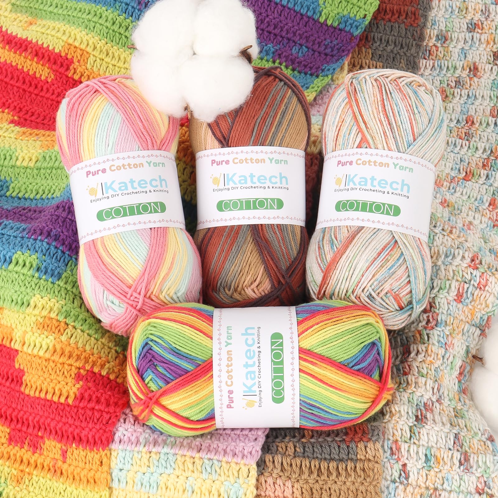 Katech 1OO% Ombre Cotton Yarn for Crocheting - 2 Sport Weight Baby Yarn for Knitting - 6 Pcs of 50g(1.76oz)/160m(175yd), Fine Soft Multicolor Yarns for Baby Blankets, Afghans, Shawls, Dress, Hats (D) — view 6
