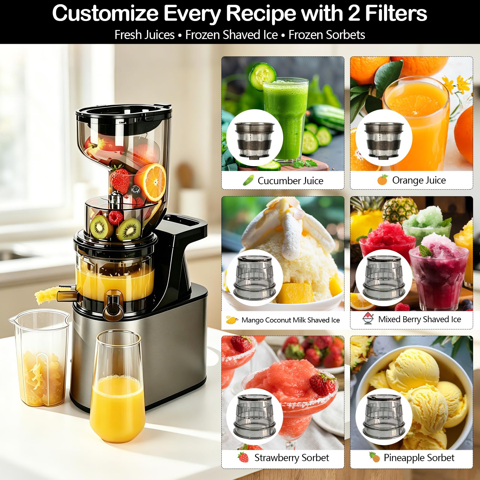 Extractor de Jugo Slow Juicer 1L, Entrada XXL de 160 mm | Hasta 97 % de Rendimiento, 2 Sistemas de Filtro para Zumo Sorbete Leche Vegetal & Helado de Frutas, Recetario Incluido