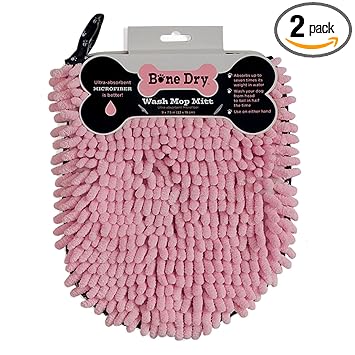 DII Bone Dry Ultra Absorbent Microfiber Pet Wash Mop Mitts, Set of 2, Pink
