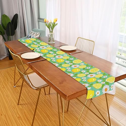 Miniatura 4 de Camino de mesa decorativo de flores de limón de verano, 13 x 70 pulgadas, decoración de cumpleaños dorada, camino reutilizable para decoración de