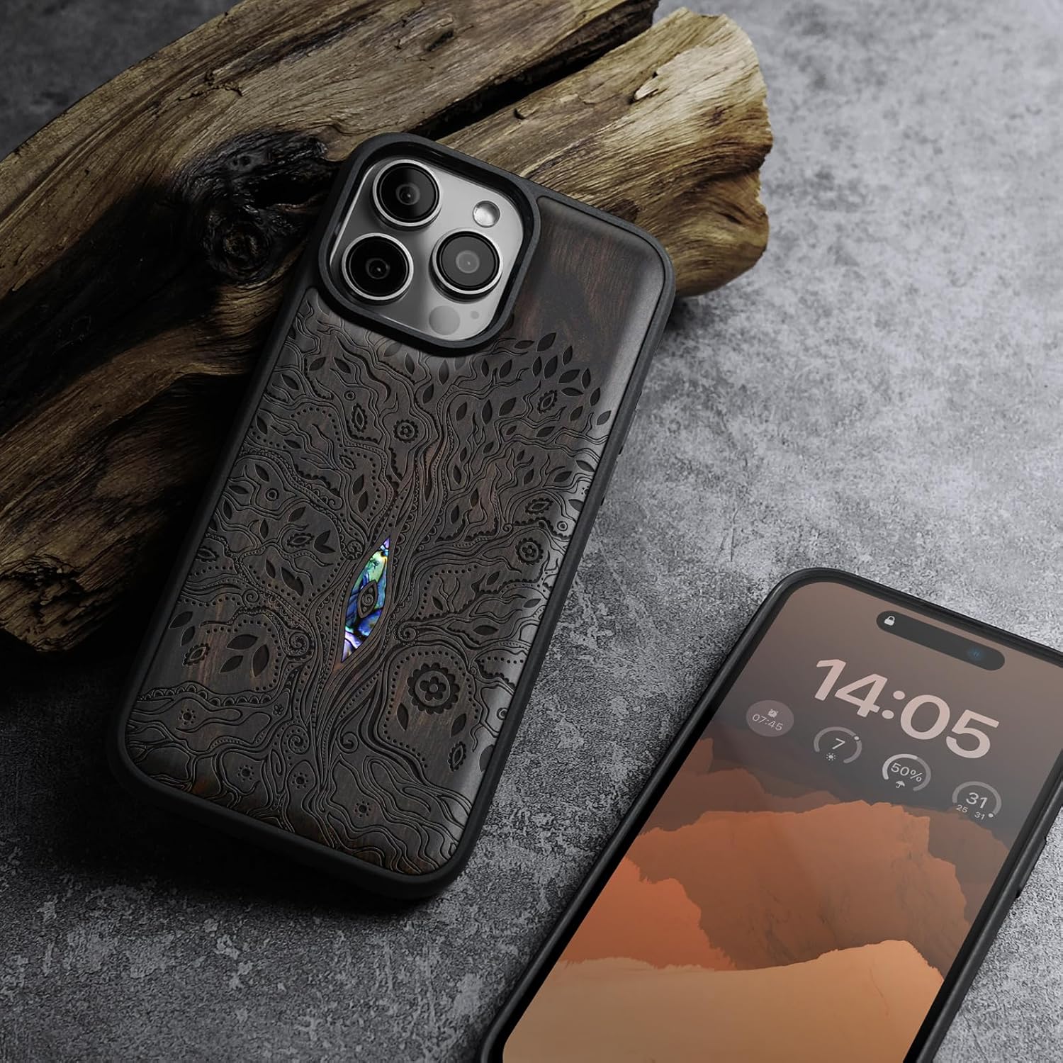 Carveit Magnetic Case for iPhone 16 Pro Max Case, Wood Artisan Engraved & Handmade Shell Inlaid, TPU Shockproof Cover, Compatible with MagSafe Wireless Chargers (Tree of Life) Blackwood