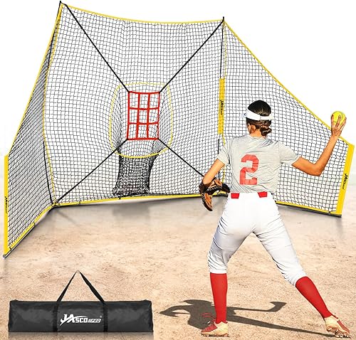 Red de práctica de béisbol y softbol duradera con barreras, red de entrenamiento de 12 x 7 pies con objetivo de zona de ataque, sistema de