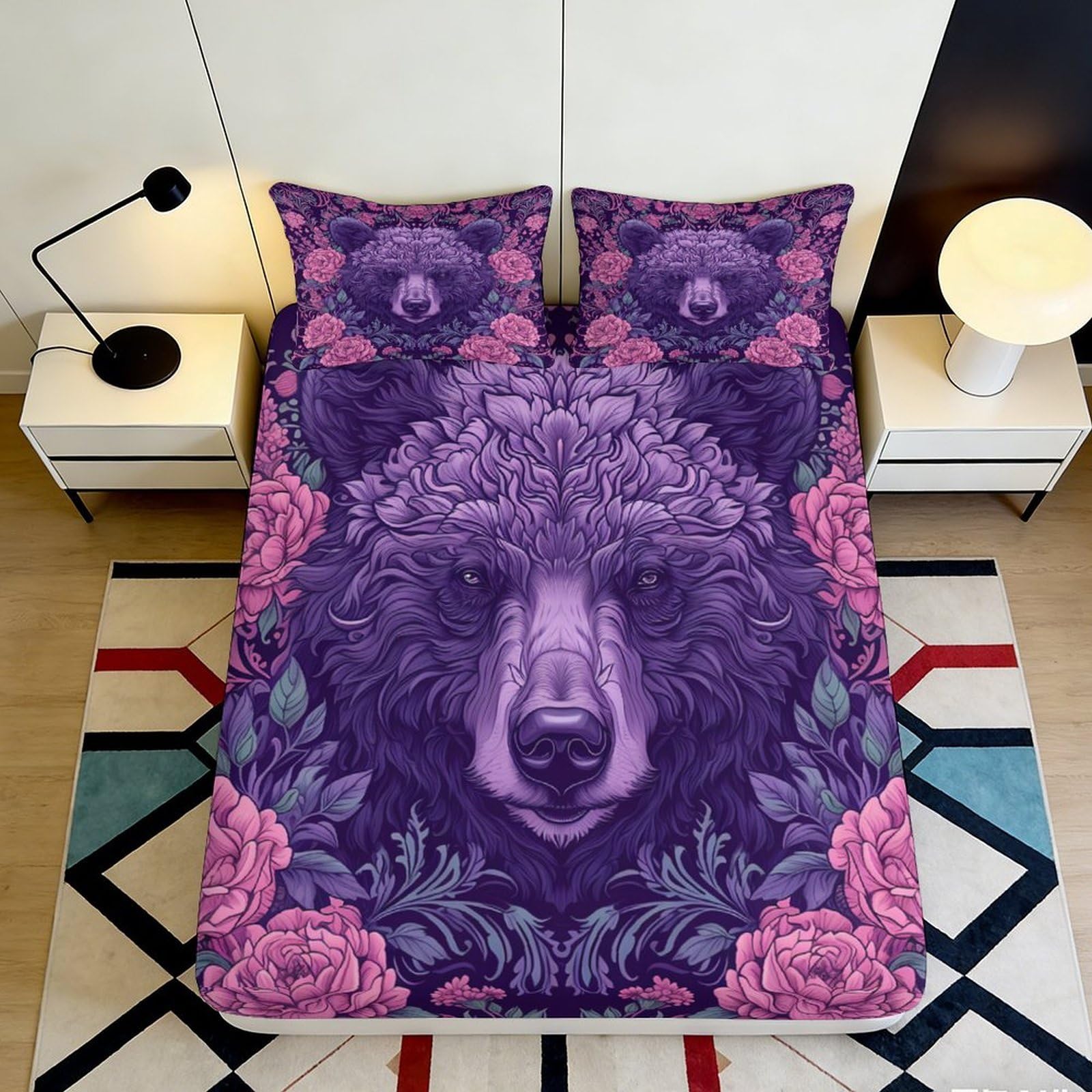 3D Printed Purple Wolf Fitted Sheet Microfiber Floral Forest Bed Cover Anti-Slip Machine Washable Bedroom Decor 90x200x25cm