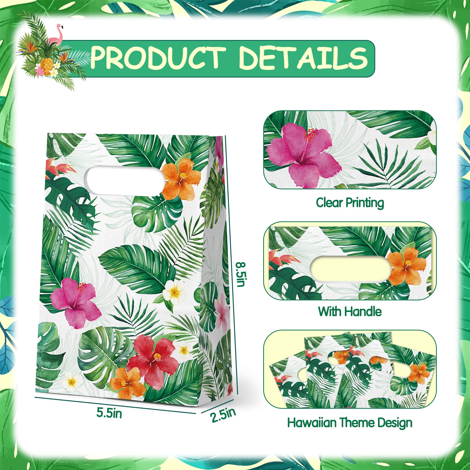 FRIDAY NIGHT 24 Pcs Luau Party Favor Bags Hawaiian Tropical Gift Bags with Handles White Paper Treat Bags Monstera Leaf Floral Design for Summer Birthday Decorations
