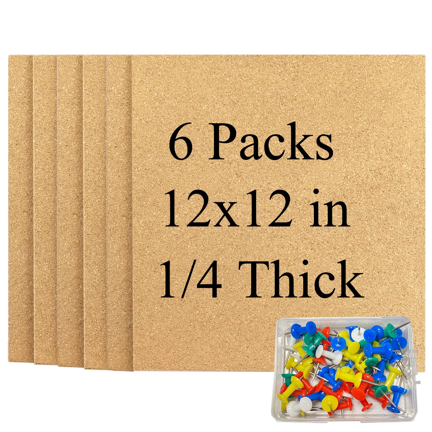 Cork Square Board for Walls, 6 Packs 12"x12" 1/4" Thick Cork Bulletin Board Self Adhesive Cork Board Tiles with 50 Pushpins for Home Office Kitchen School (6, 12 * 12 inch)