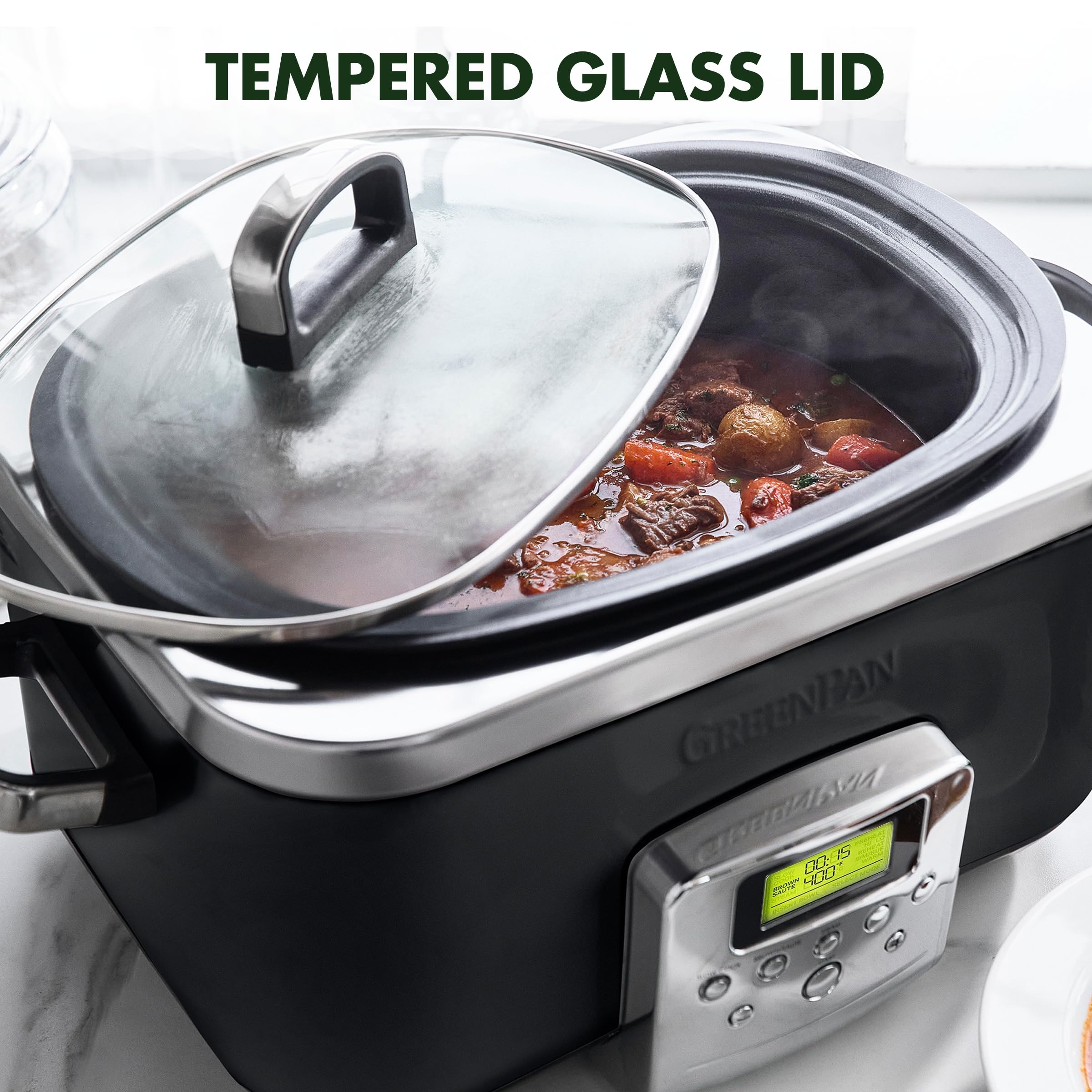 GreenPan Elite 8-in-1 Mijoteuse Programmable 6L, Couvercle et Plateau Amovible Lavable au Lave-Vaisselle, Céramique Non-Adhérente Saine Sans PFAS, Cuisson, Sauté, Panier Vapeur, Rôtissage, Noir