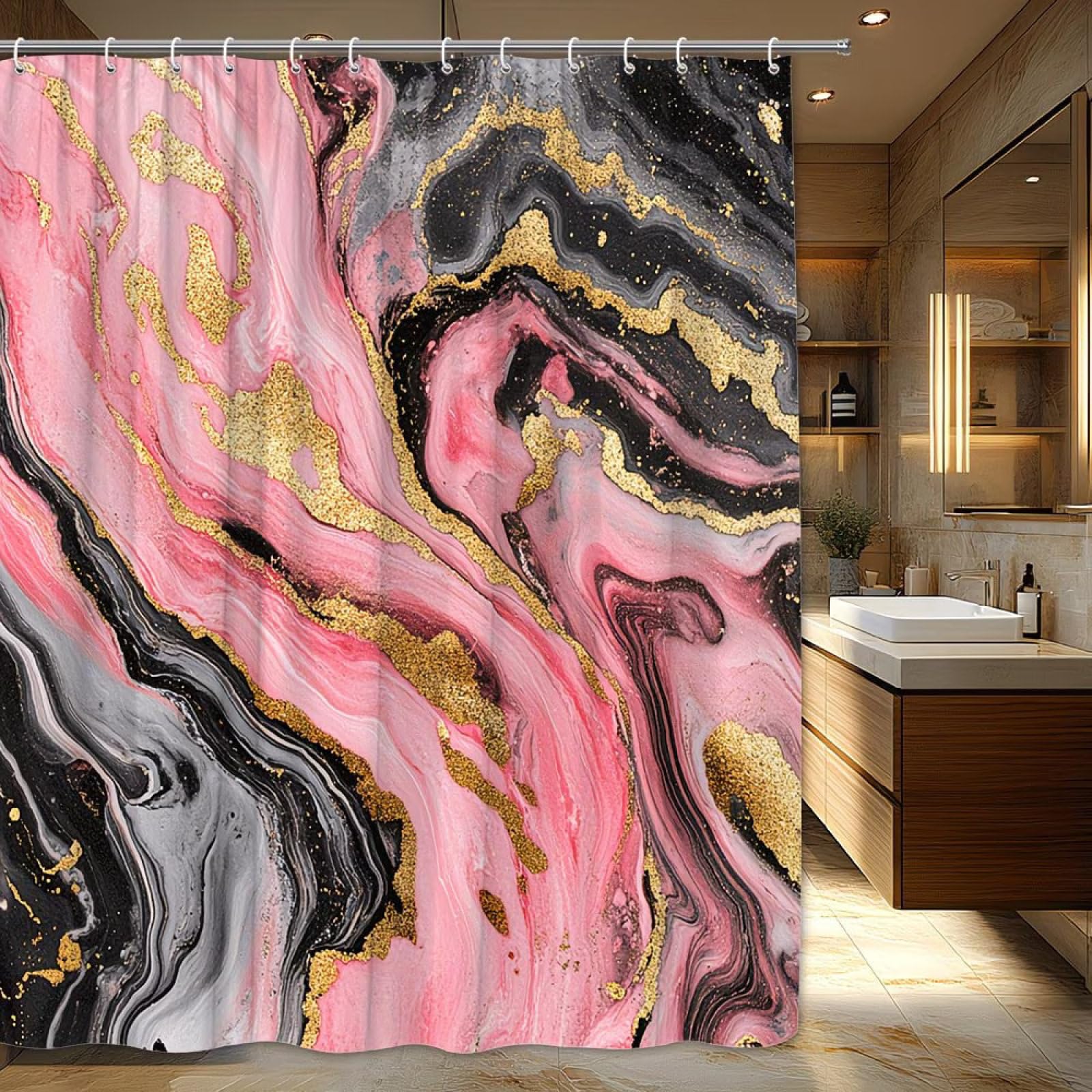 Shower Curtains Golden Pink Marble Wet Room Shower Curtain Mould Proof Resistant Waterproof Polyster Fabric Washable with 12 Hooks Garden Bathroom Curtains (180x180cm)