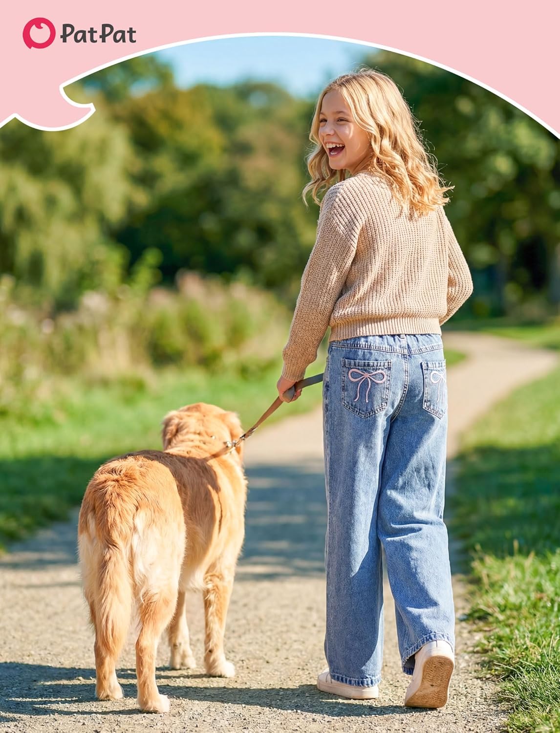 PATPAT Girls Baggy Wide Leg Jeans 5-14 Years, Cute Bow Embroidery Elastic Waist Denim Pants with Zipper Fly, Y2K Streetwear