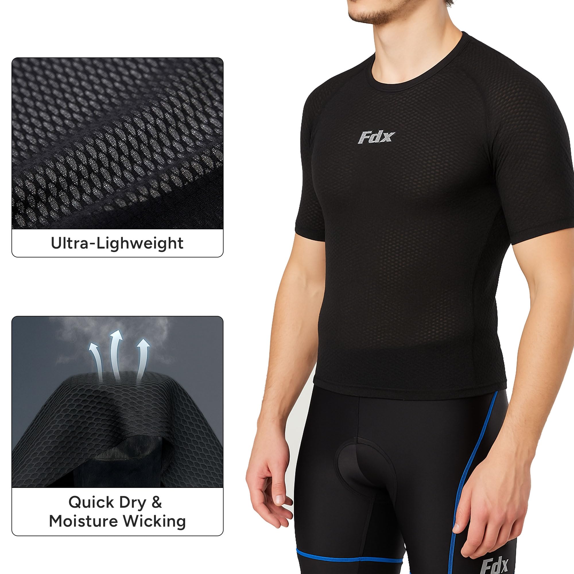 FDX Cool Mesh Base Layer Half Sleeve - męski letni top rowerowy z siateczką - ultralekka, oddychająca, antyzapachowa koszulka rowerowa, podkoszulki do biegania, na siłownię, trening, wędrówki