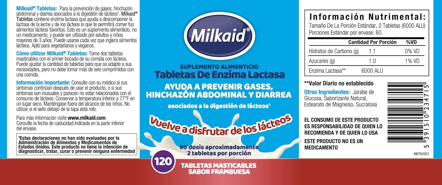 Milkaid Lactase Enzyme Chewable Tablets for Lactose Intolerance Relief | Prevents Gas, Bloating & Diarrhea | Fast Acting Dairy Digestive Supplement | Raspberry Flavour| Gluten Free & Vegan | 120 ct : Health & Household