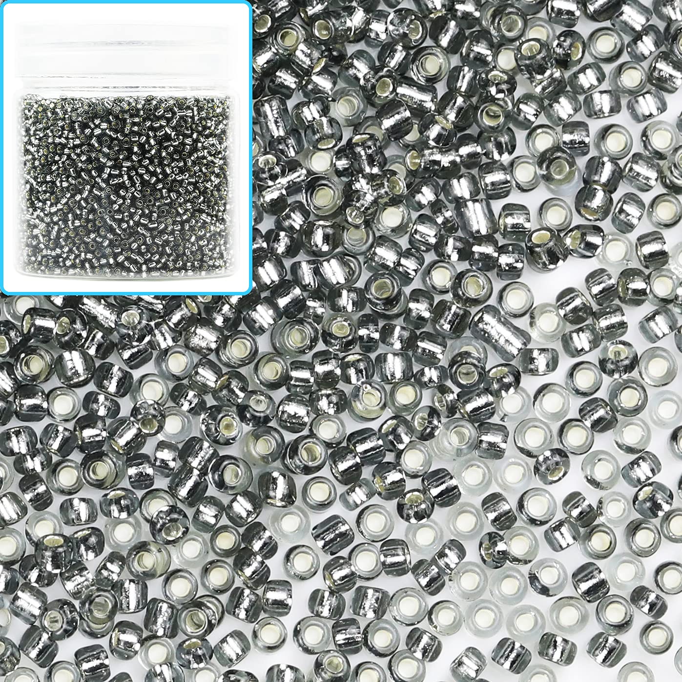 Bala&Fillic Size 12/0 Glass Seed Beads Grey Color 2mm Transparent Silver Lined Seed Beads for Making Bracelet Necklace and Jewelry About 10000pcs/110g (Grey) — image 1