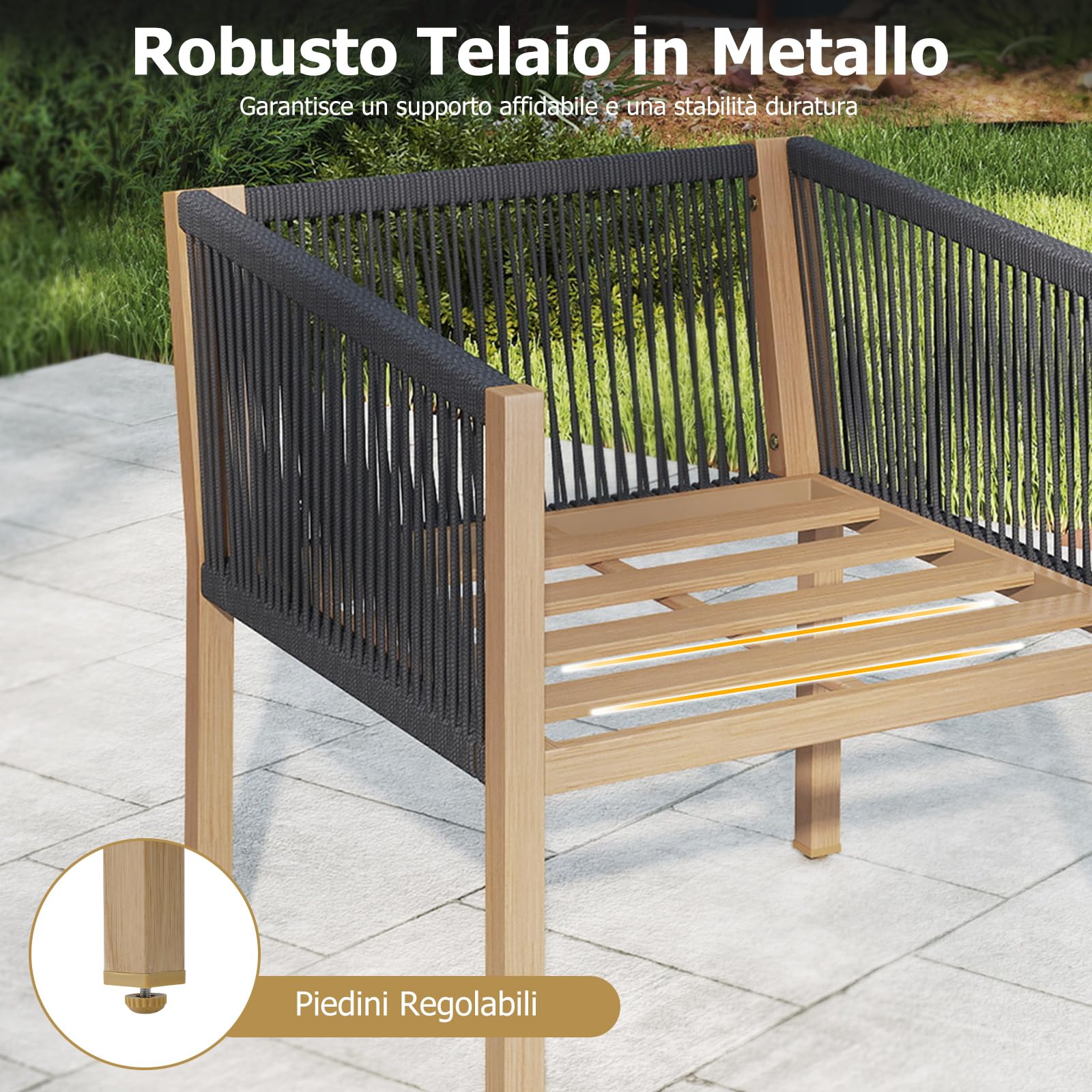 COSTWAY Set Salotto da Giardino 3 Pezzi, Set Conversazione con Tavolo e 2 Sedie, Corde Intrecciate e Cuscini, Struttura in Metallo Resistente, Tavolo e Sedie per Patio, Balcone, Terrazza e Giardino