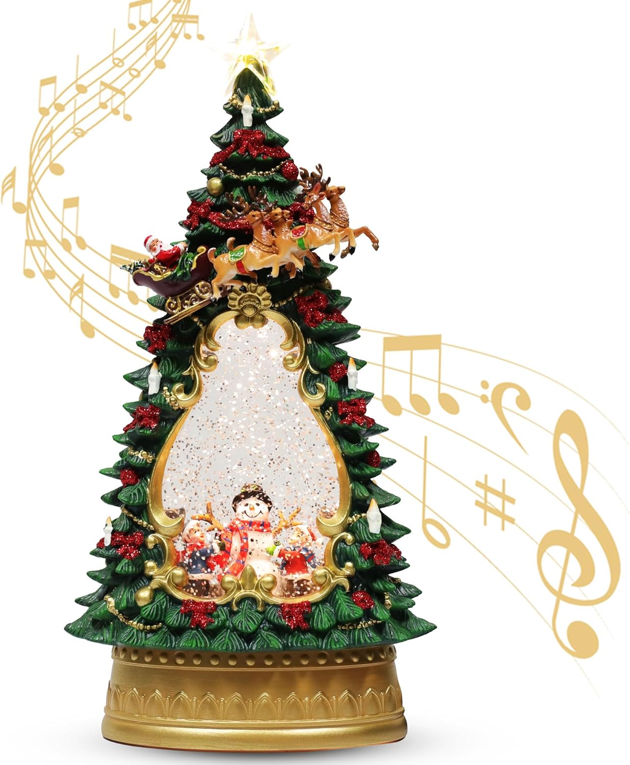 LAMPHOME Christmas Snow Globes Lantern, 12.8" Christmas Tree Appearance Water Glittering with 8 Songs, 6H Timer Cylinder USB Lined & Battery Operated Lighted Lantern Christmas Music Box