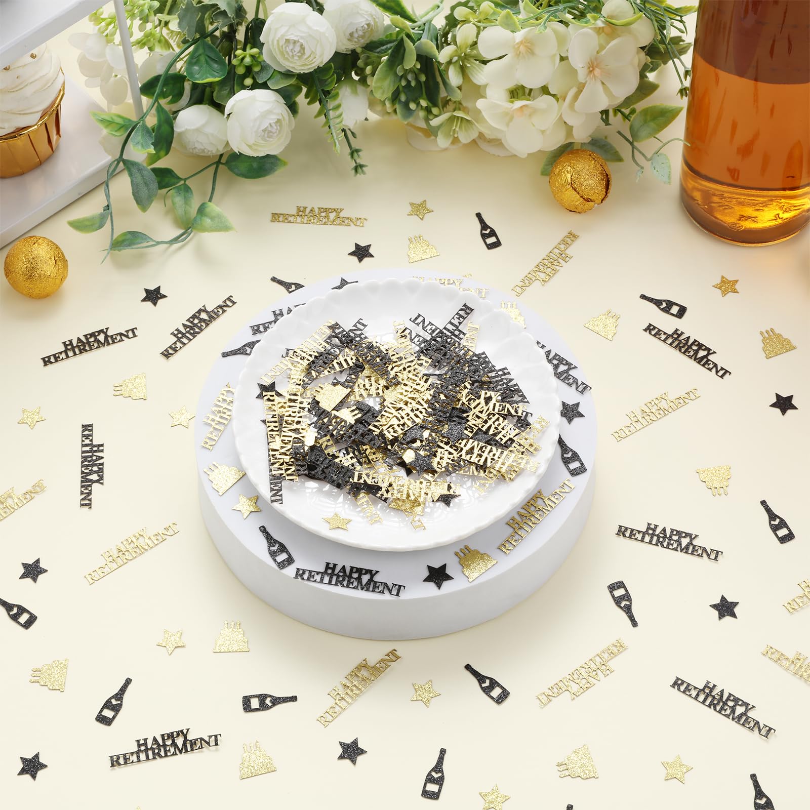 200 Confettis Noirs Et Dorés Thème Retraite - Étoiles Et Bouteilles De Vin Pour Fêtes D'Adieu