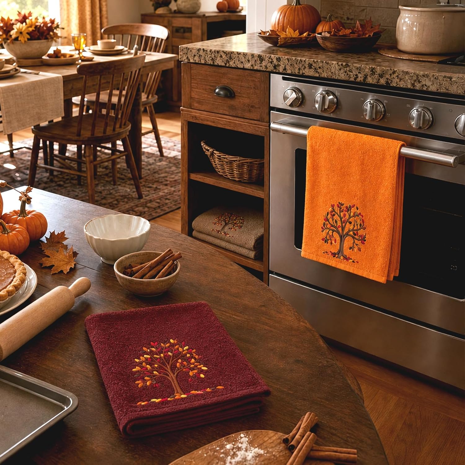 FYSUIMU 3 Pcs Fall Hand Towels for Bathroom, Tree Embroidered Cotton Towel
