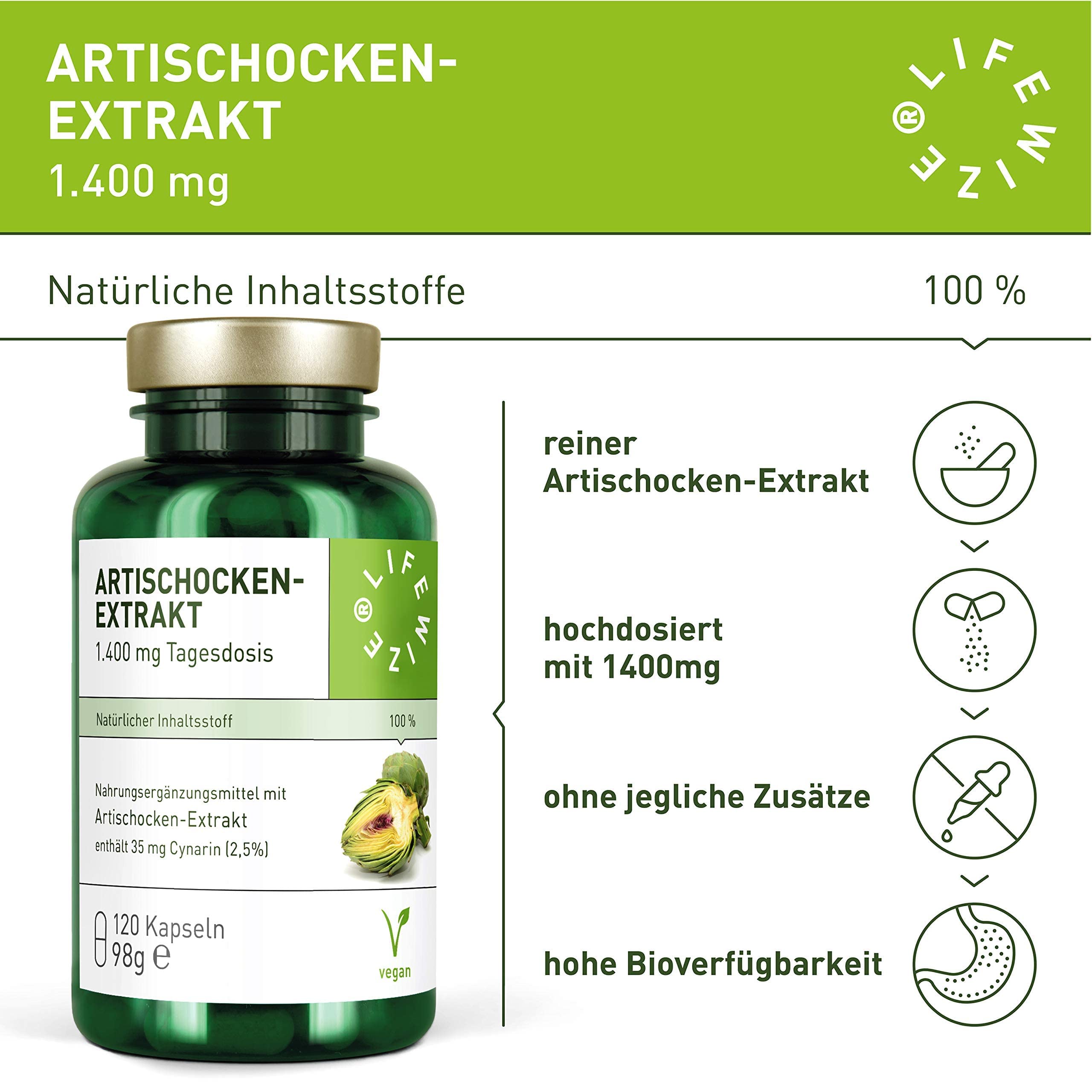 LifeWize® Artischocken Kapseln Hochdosiert mit 1400mg als 5:1 Extrakt = 7.000mg Artischocke pro Tagesdosis mit 2.5% Cynarin - 120 Vegane Kapseln ohne Zusatzstoffe