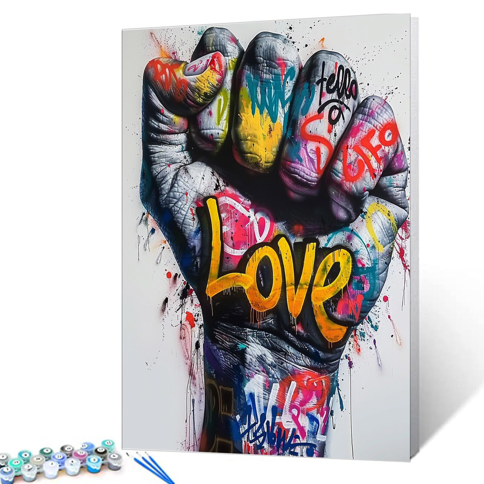 Photo 1 of Graffiti Clench Fist Painting Kit for Boys and Girls Hand Gesture Colorful Paint by Numbers for Beginner "Hello Love" Sign on Canvas with Brushes Acrylic Paints Playful 16x20 Inch (Without Frame)