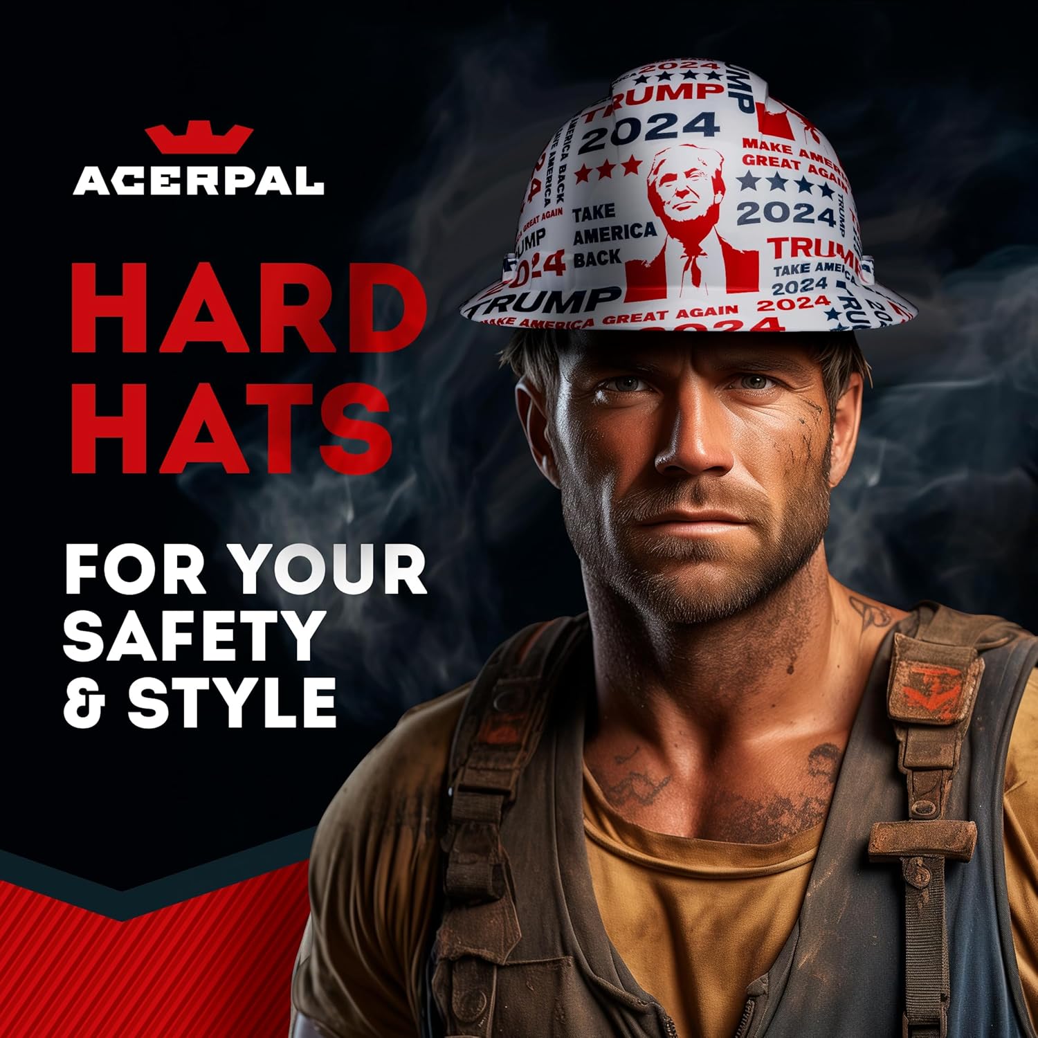 Acerpal Updated Vented Full Brim Hard Hat, Trump 2024 Gloss, Padded, OSHA Construction Safety Approved Hardhats, Hard Hats for Men, Cascos De Construccion Helmet.
