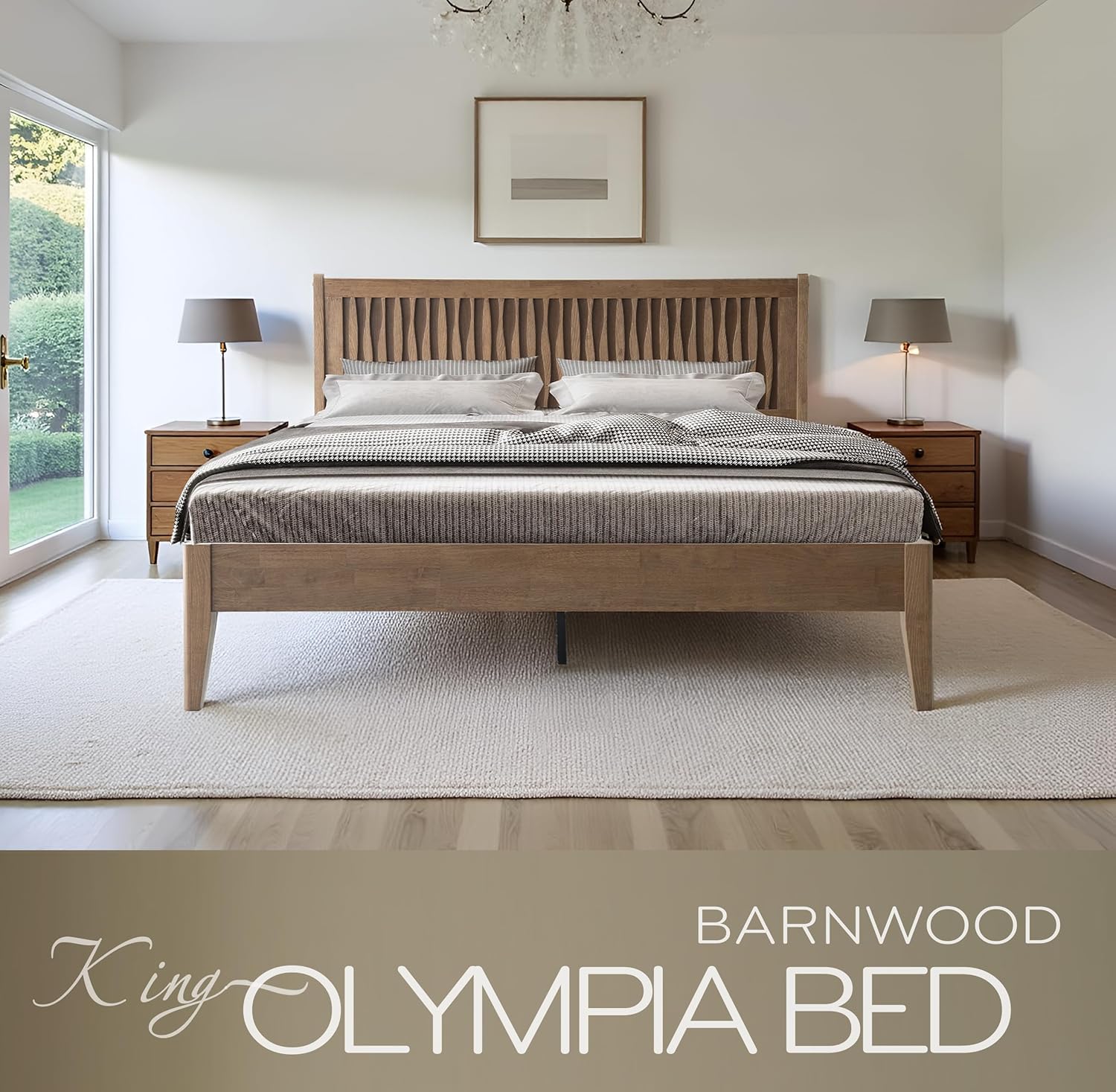 King Size Bed Frame, Solid Wood Platform Bed with Headboard & Footboard, 12 Sturdy Slatted Structure, Central Metal Legs, Easy Assembly, Noise & Anti-Slip, No Box Spring Needed, Barnwood Finish OLK-30