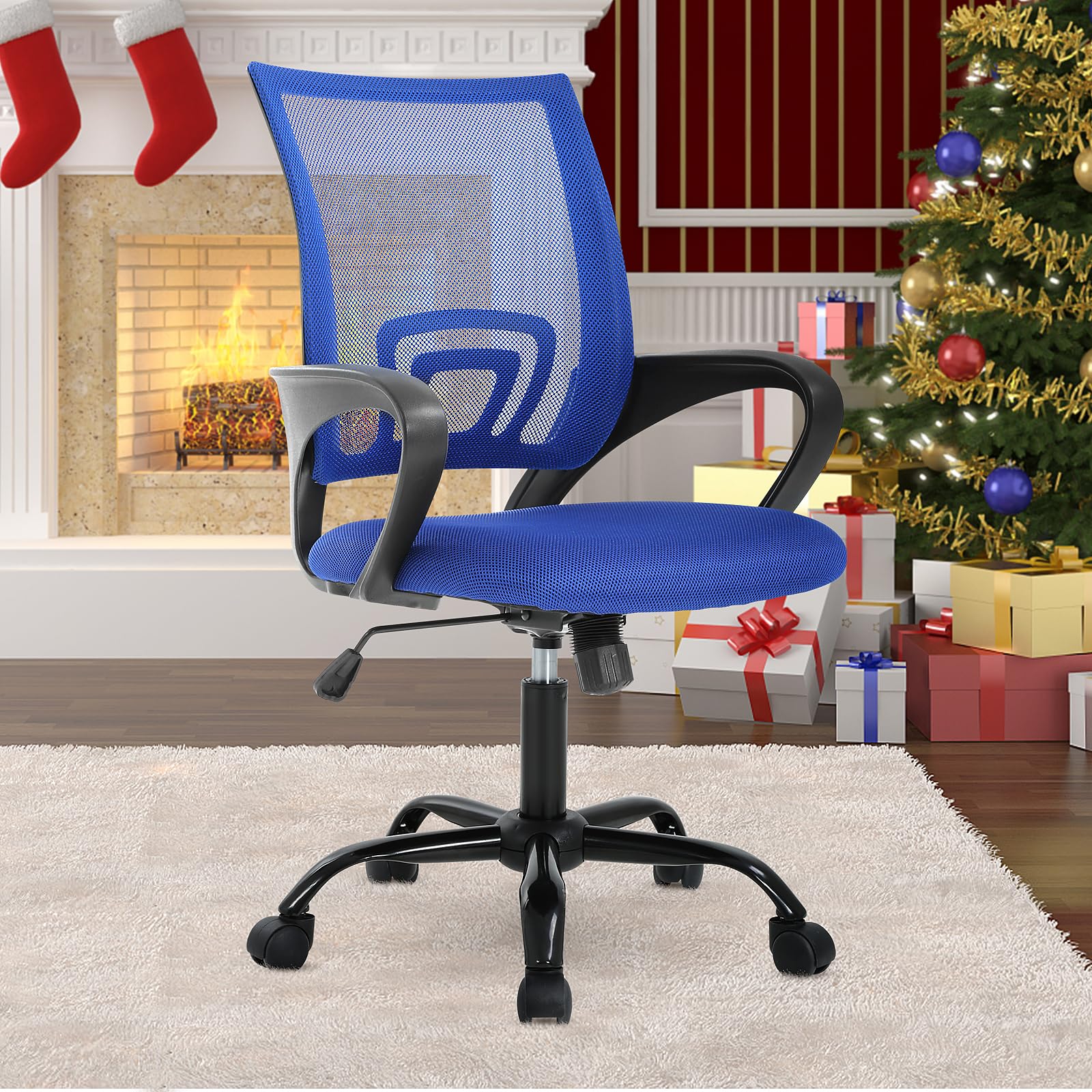 Blue Mesh Mid Back Ergonomic Desk Chair with Lumbar Support Armrest - Breathable Mesh Height Adjustable Rolling Task Executive Office Chair