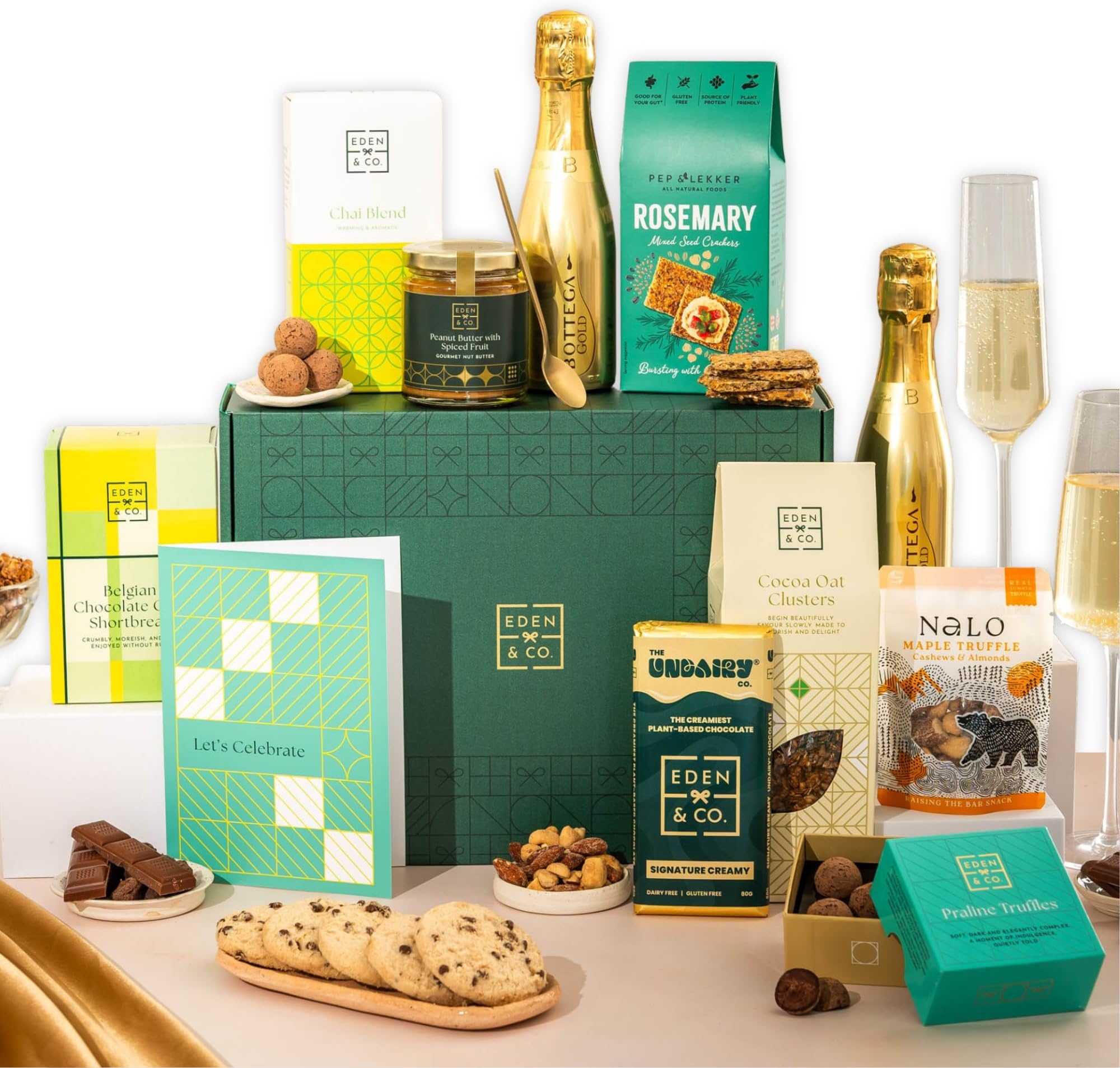 Celebration Vegan Gift Hamper Basket, Luxury Gourmet Gifts for Women, Men, Couples, with Vegan Chocolate by EDEN & CO - Plus 1 Prosecco