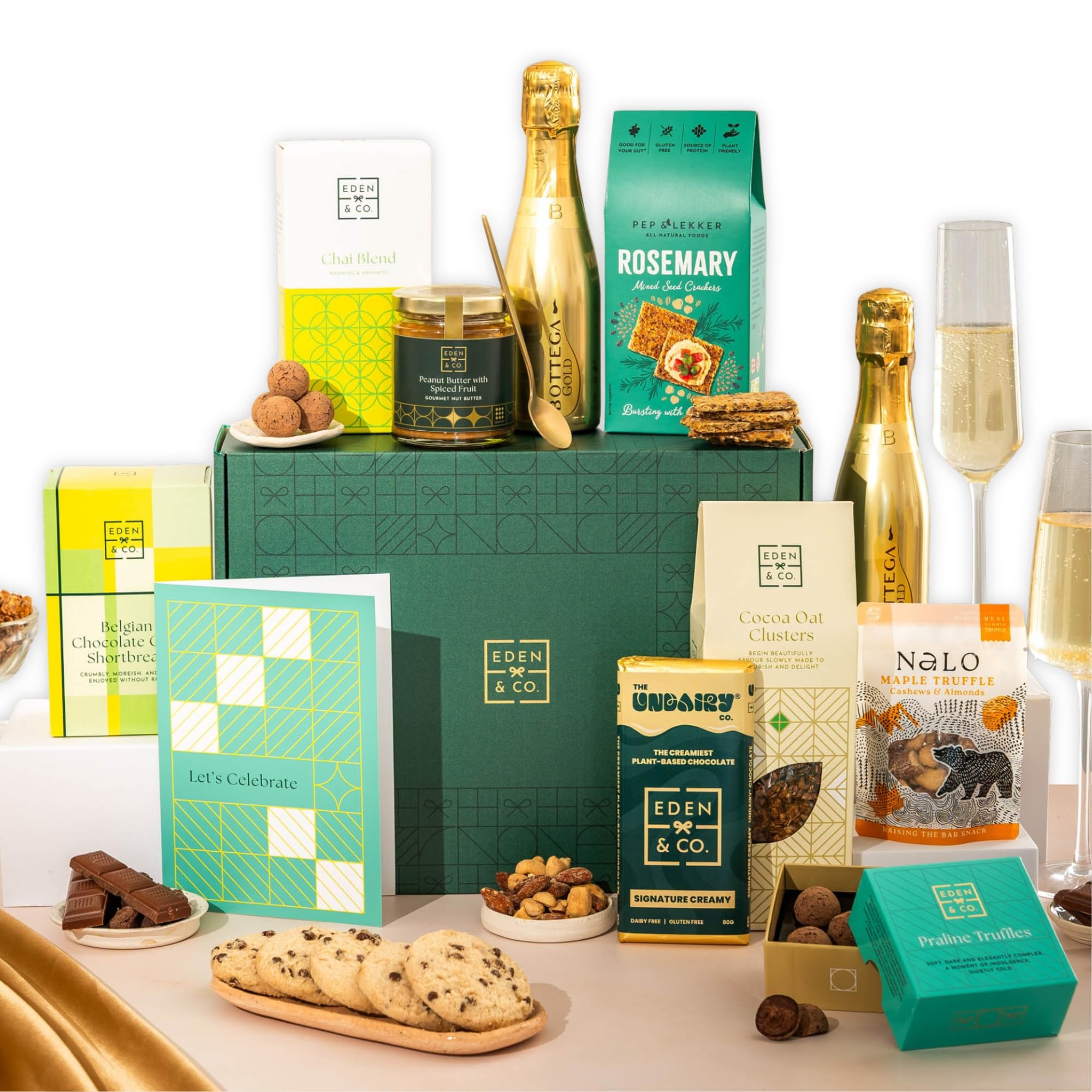 Celebration Vegan Gift Hamper Basket, Luxury Gourmet Gifts for Women, Men, Couples, with Vegan Chocolate by EDEN & CO - Plus 2 Prosecco