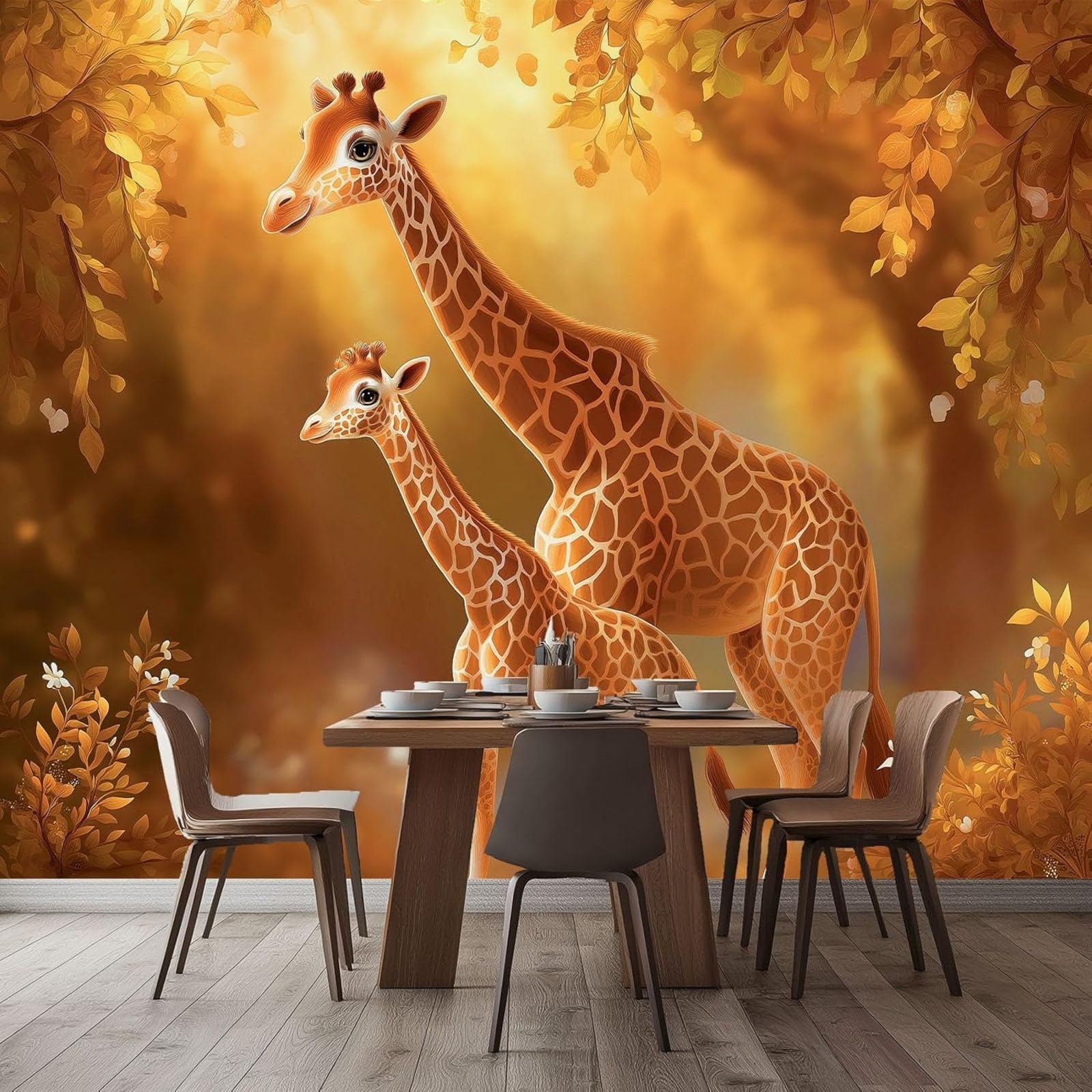 Non-woven wallpaper with cartoon animals in yellow, photo wallpaper with a forest and giraffe design for children's rooms, living rooms, and TV backgrounds - modern wall decoration, 200cm x 140cm stic