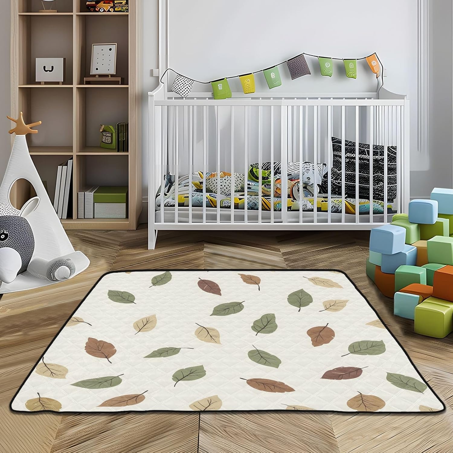 Doodle Colorful Leaf Pattern Baby Play Mat, 50“ X 50” Washable Folding Crawling Mat, Baby Floor Mat, Soft, Thick, Non-Slip
