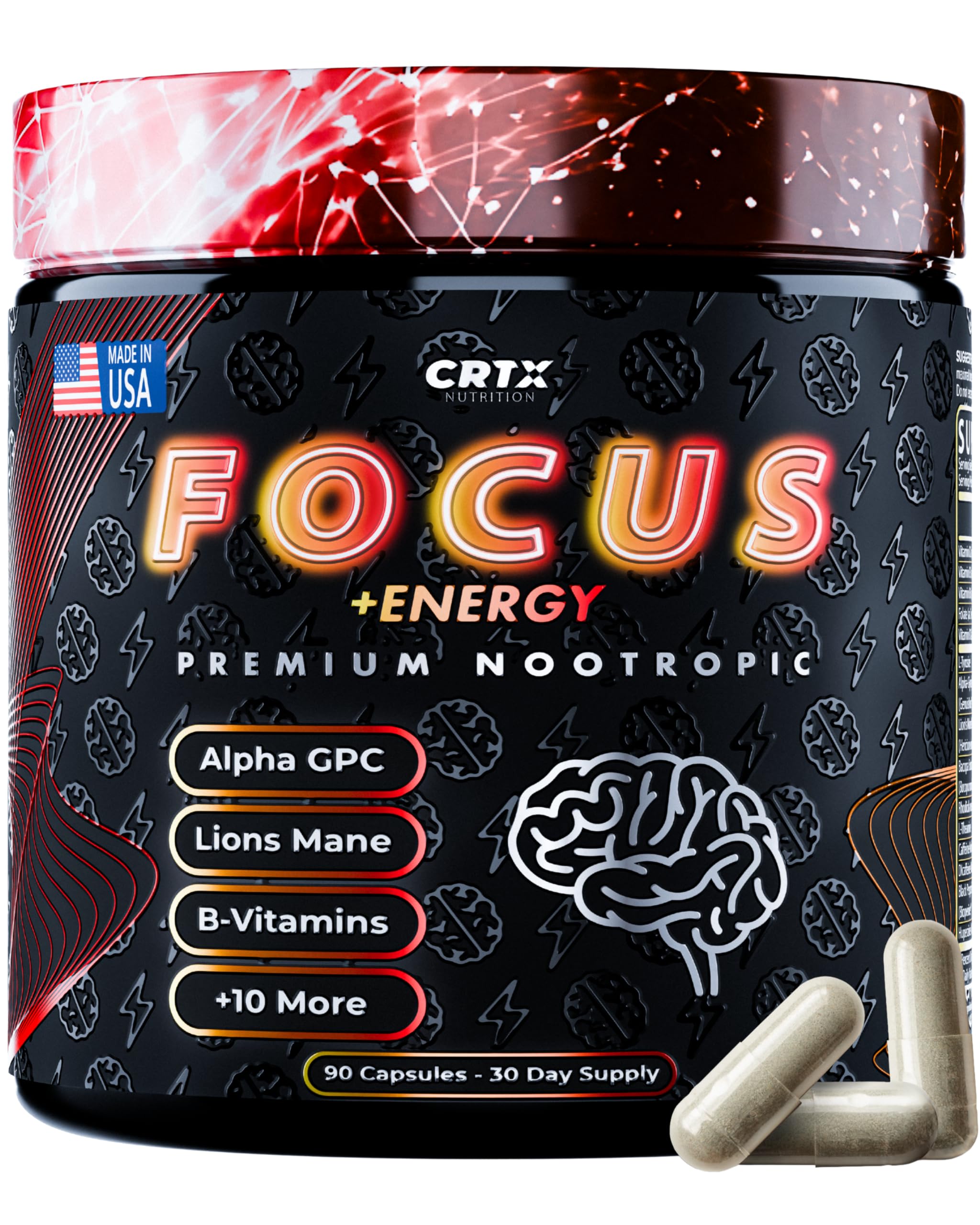 Nootropic Strongest Focus Supplement - Clinically Backed Ingredients Made in USA - Scientifically Backed Doses - Supplement for Brain Fog - AlphaGPC, Lions Mane, Rhodiola and More 10:1 90 Capsules