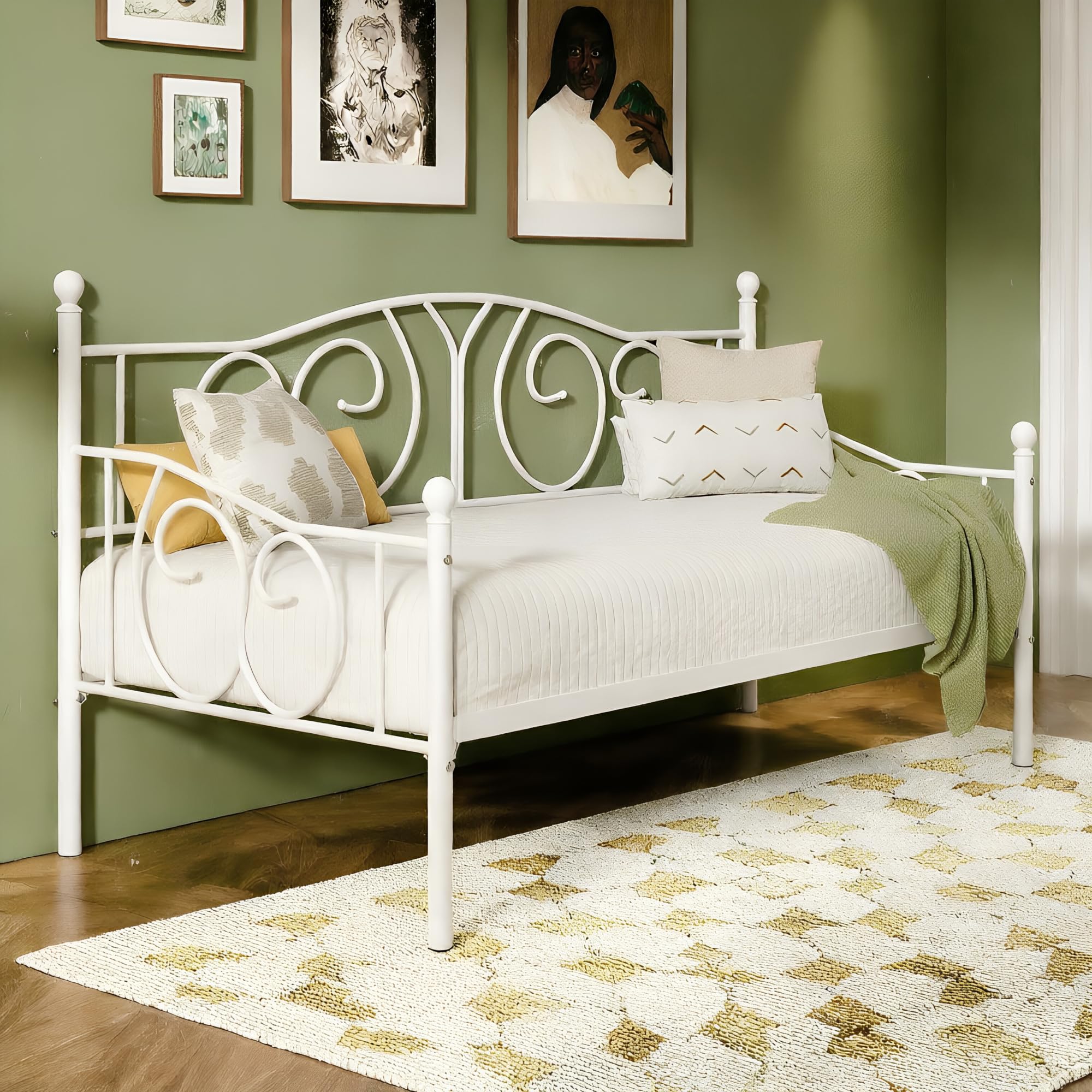 VECELO Metal Daybed Frame Multifunctional Platform Bed Sofa Mattress Foundation with Deluxe Headboard, Twin, White