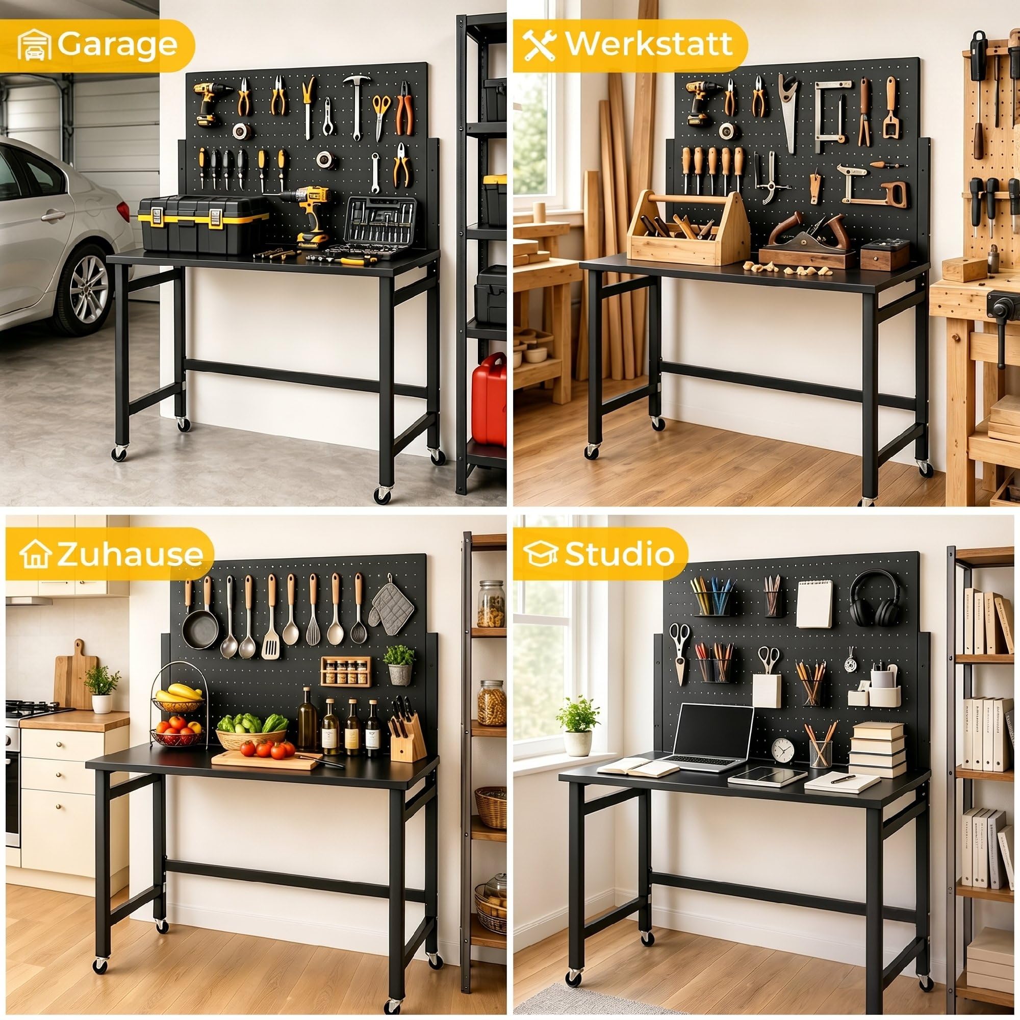 HOMCOM Werkbank mit Lochwand, 115 x 62 x 143,5 cm Klappbare Mobile Werkbank mit Rollen, Dicke Arbeitsplatte, Stahlrahmen, Haken, Werktisch für Garage, Holzwerkstatt, Schwarz