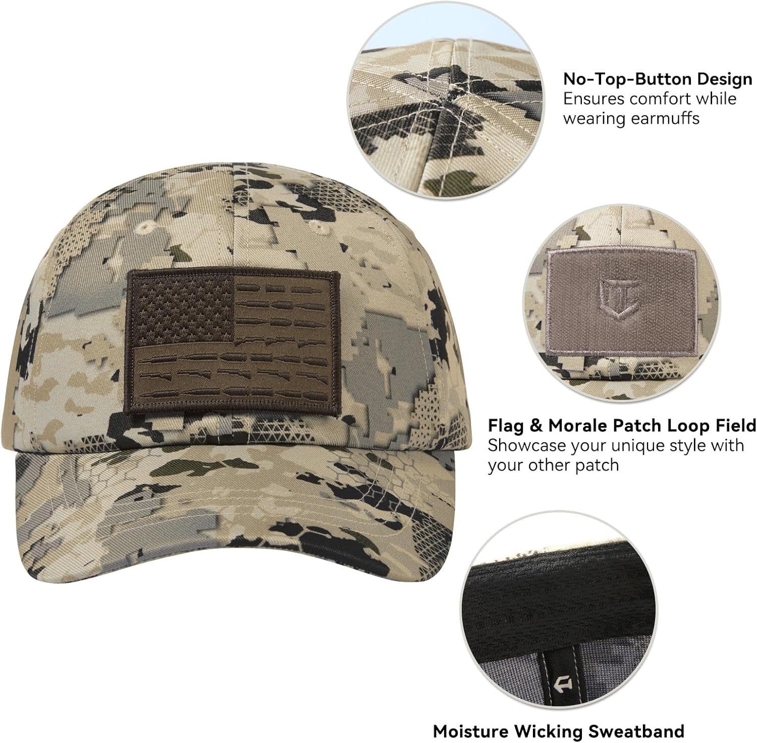 Tactical Hat with Flag Patch Camo Military Army Hats Adjustable Trucker Baseball Cap Soft Top for Shooting - Image 2