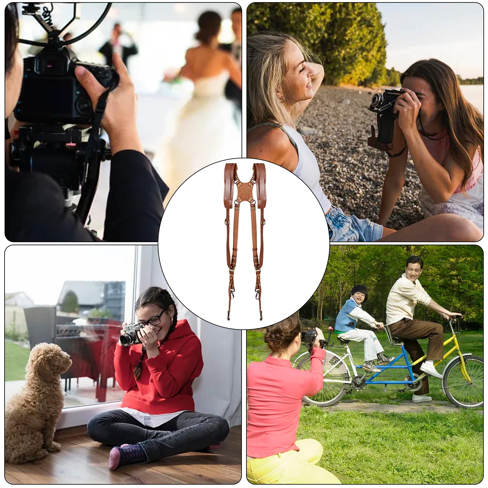 Imbracatura per fotocamera, doppia fotocamera per fotografi, tracolla in pelle per due fotocamere per DSLR/SLR