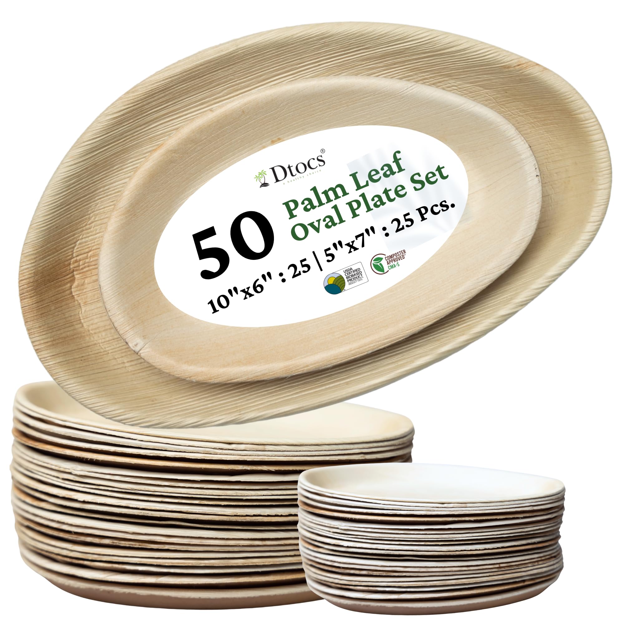 PalmLeaf Oval Plates Set (50) - 10 Inch Large Oval Trays (25), 5x7 Inch (25) | Wooden, Bamboo Plates Disposable Look Compostable Picnic, Party, Charcuterie Platter Dinnerware | Sturdy Than Paper