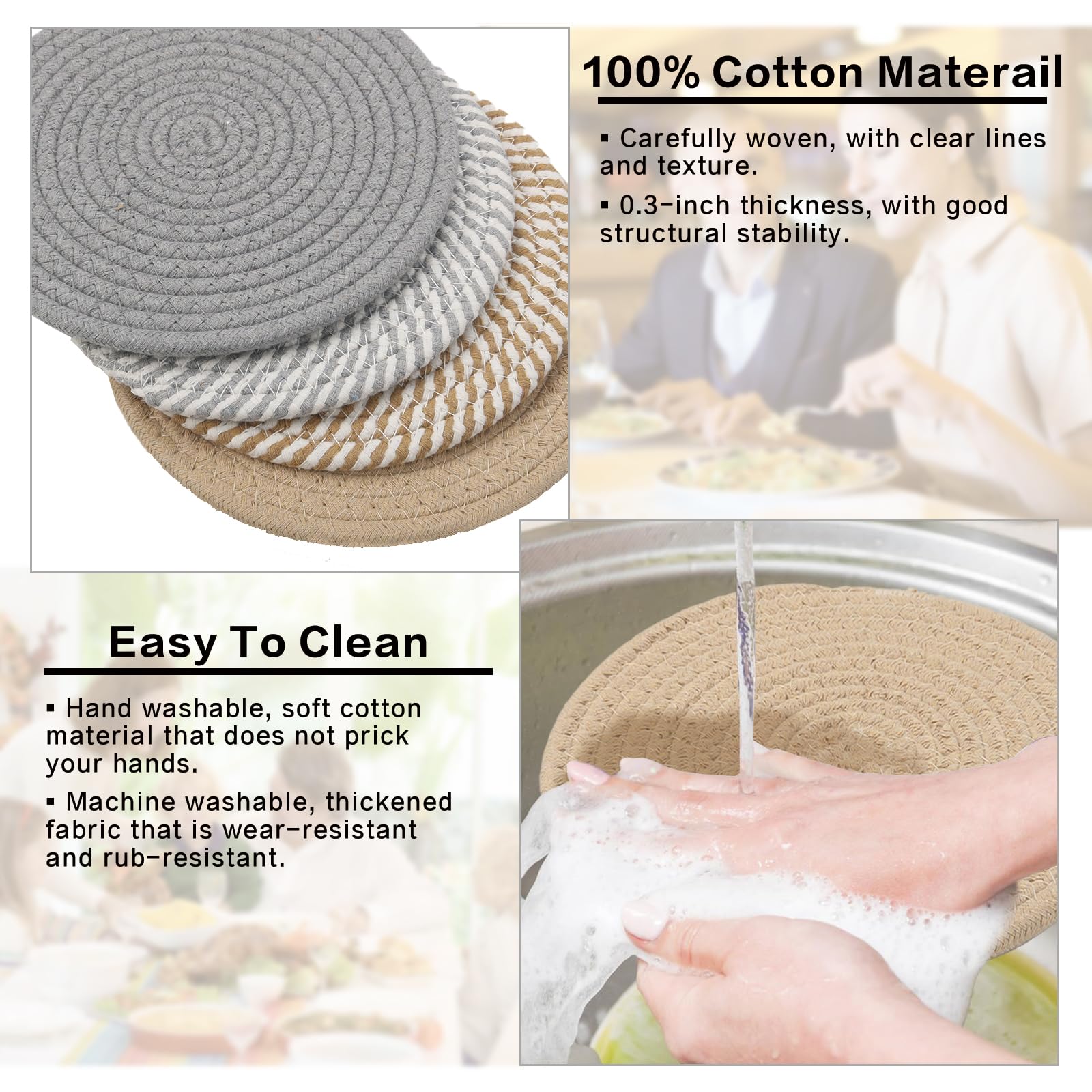 Set van 4 katoenen draden, geweven matten, 18 cm, pannenonderzetters, hittebestendig, voor eetkamer, kantoor, keuken, hotel