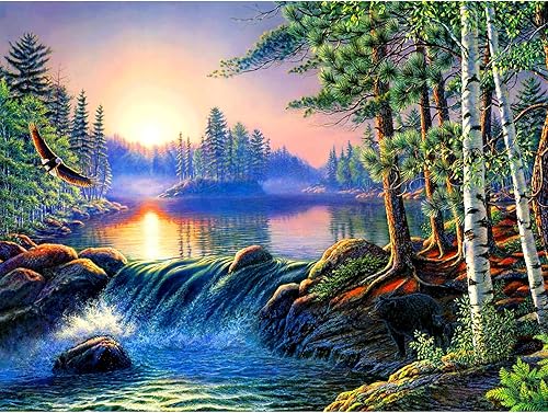 Kits de pintura de diamantes 5D para adultos, cascadas, puesta de sol, montaña, lago, arte de diamantes en el bosque, arte de diamantes de bricolaje