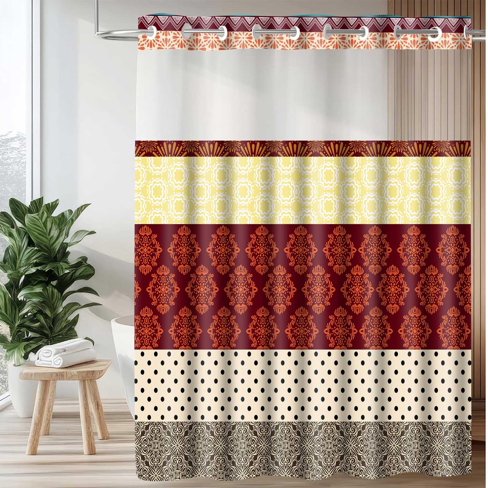 GURETER No Hook Shower Curtain with Snap in Liner Set, Boho Shower Curtain, Bohemian Red Stripes Used for Bathroom Curtains Decor 71x74 in