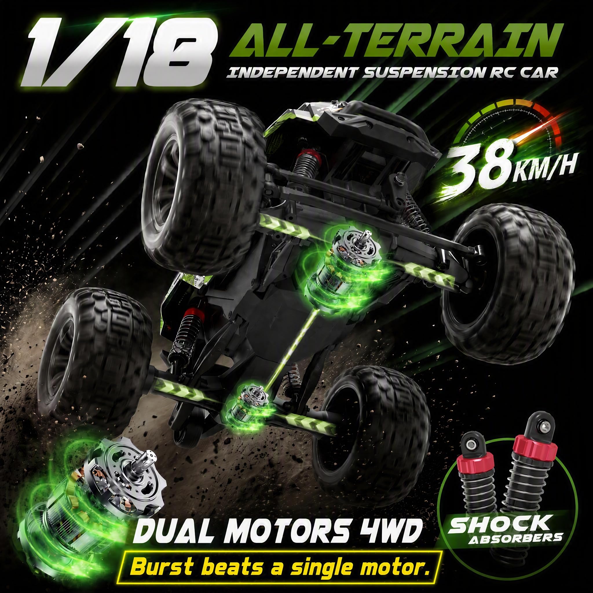 Hosim 1/18 Ferngesteuertes Auto 4WD, 38KM/H Offroad Schnell RC Monstertruck