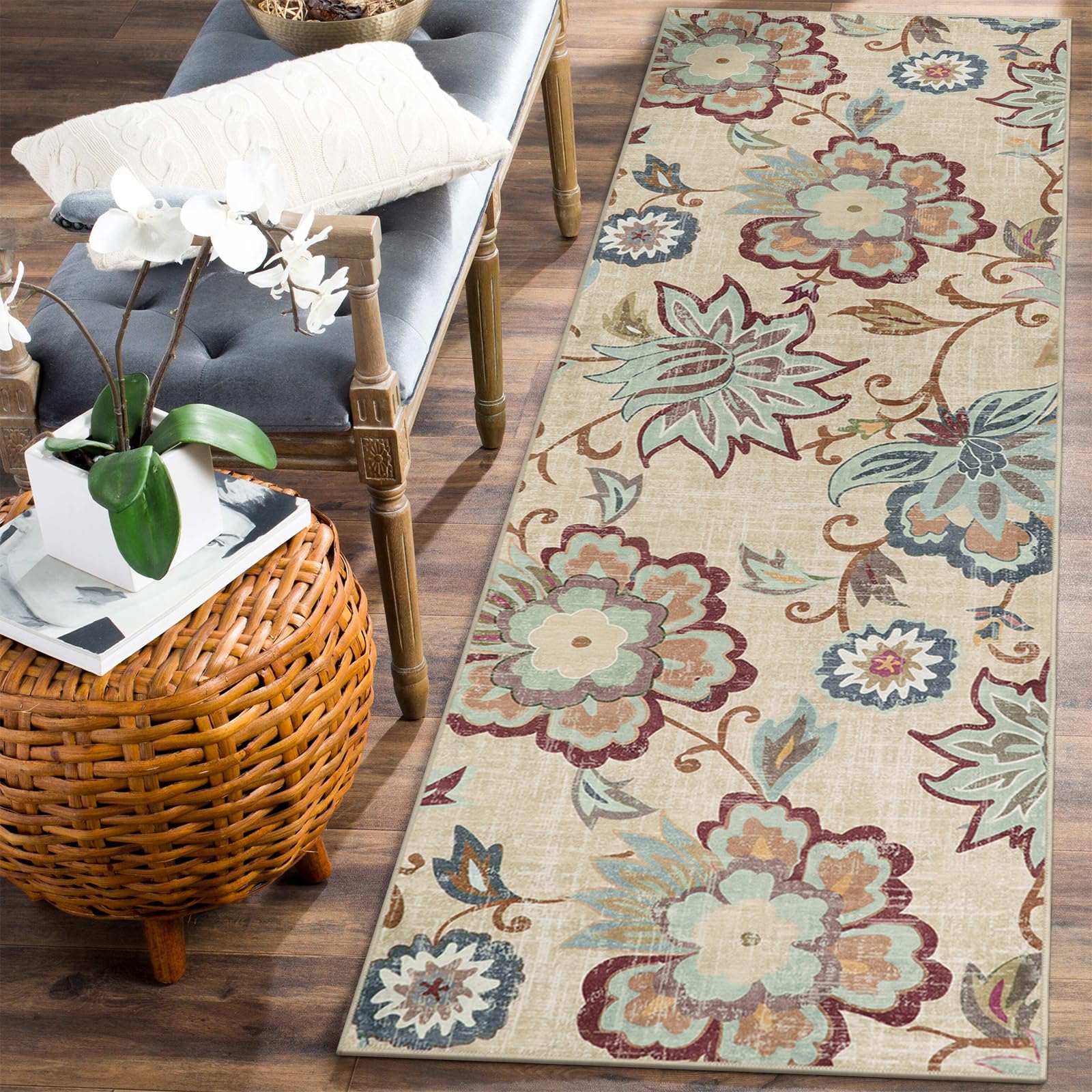 Beeiva Floral Washable Kitchen Runner Rugs, 2x6 Beige Ultra Thin Vintage Plant Bathroom Hallway Runner Rugs with Rubber Backing, Carpet Runner Rug for