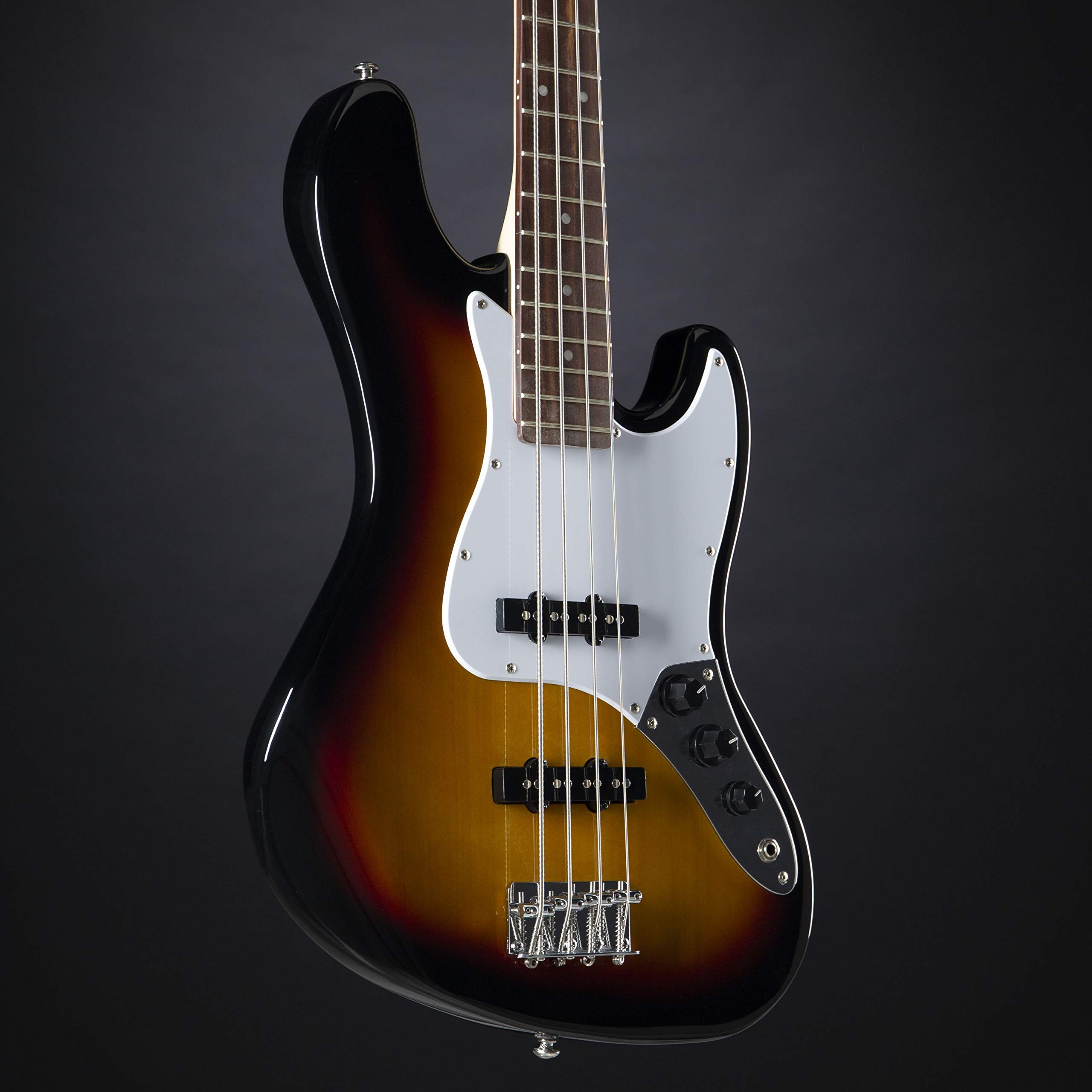 J & D E-Bass, Bass Gitarre mit 4 Saiten und Linde Korpus, JB Bass mit 2 Single Coil Tonabnehmern und passiver Elektronik, 3-Tone Sunburst
