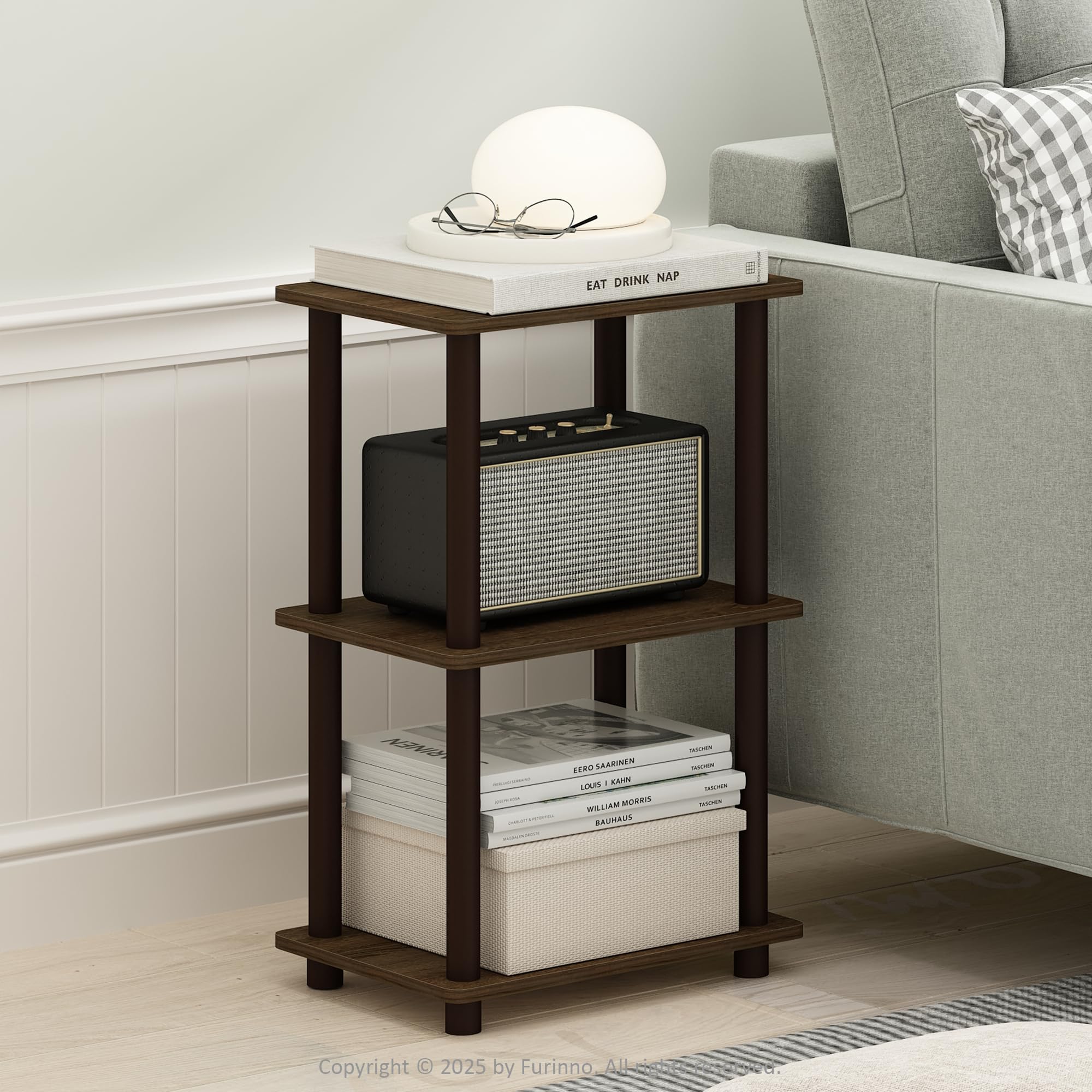 Furinno Turn-N-Tube Side Table 2-Tier End Table with Open Shelf Easy Assembly Night Stand Bedside Table with Round