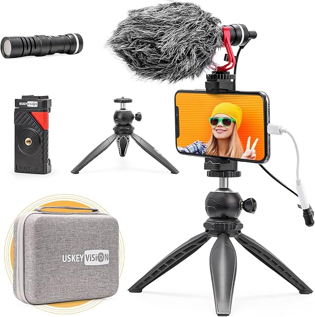 USKEYVISION Smartphone Vlogging Kit for Phone Video YouTube Creator Kit w/Video Microphone Tripod Smartphone Holder Premium Case Bag (Vlog K1)