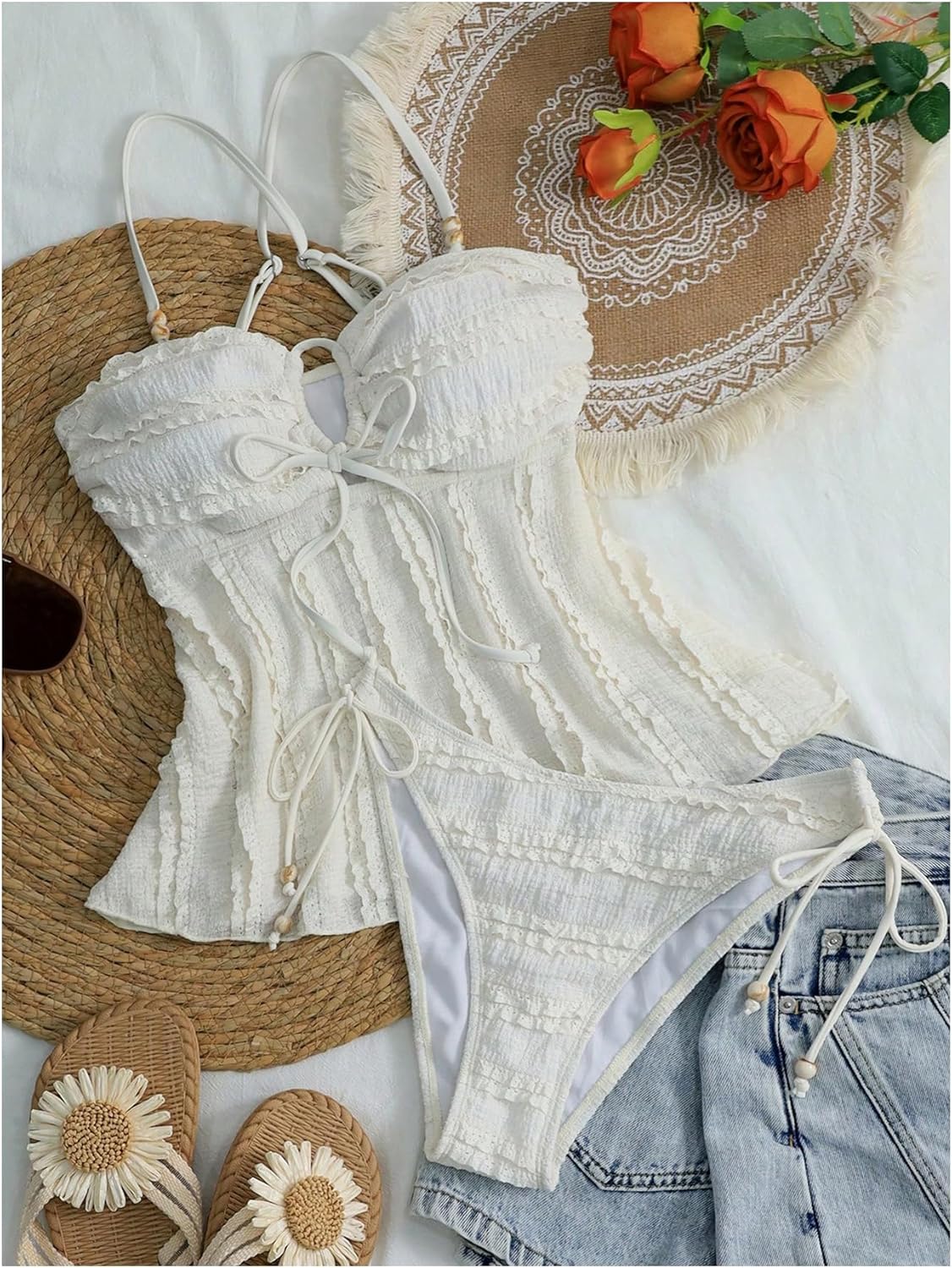 MakeMeChic Women's Ruffle Tankini Swimsuits Criss Cross Tie Front Cut Out 2 Piece Bathing Suit