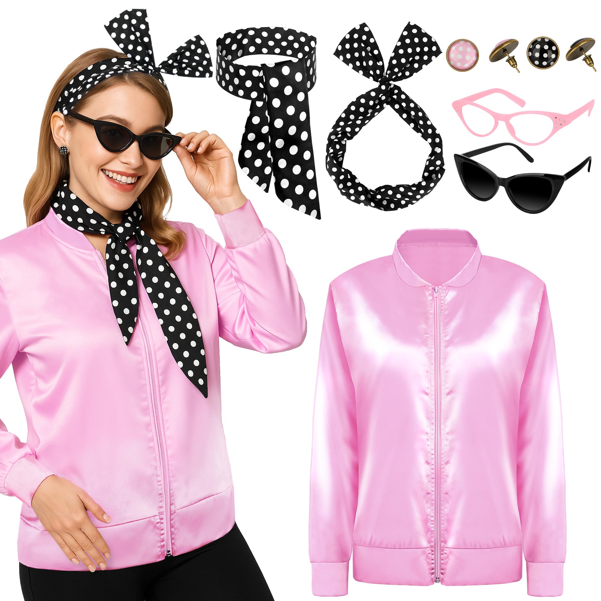 Pink Halloween Costumes Set, Women's Halloween Retro Satin Jacket Set with Scarf Headbands Glasses Accessories