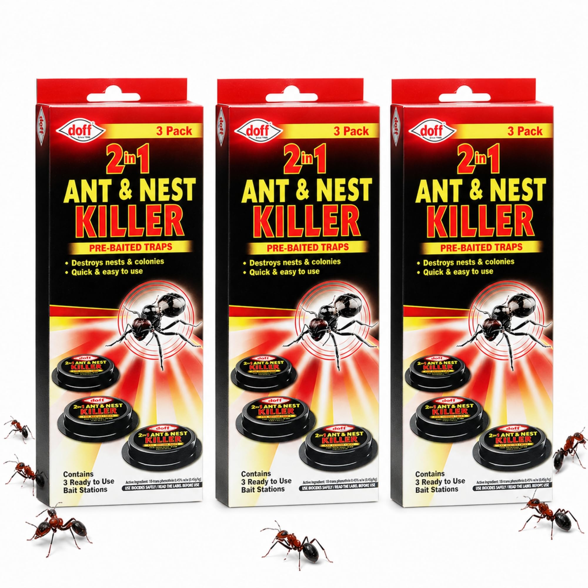Doff 2-in-1 Ant & Nest Killer Bait Stations – Pre-Baited Ant Traps Indoor & Outdoor, Fast Acting No Mess Pest Control, Pack of 3 x 3 (Total 9 Bait Stations)