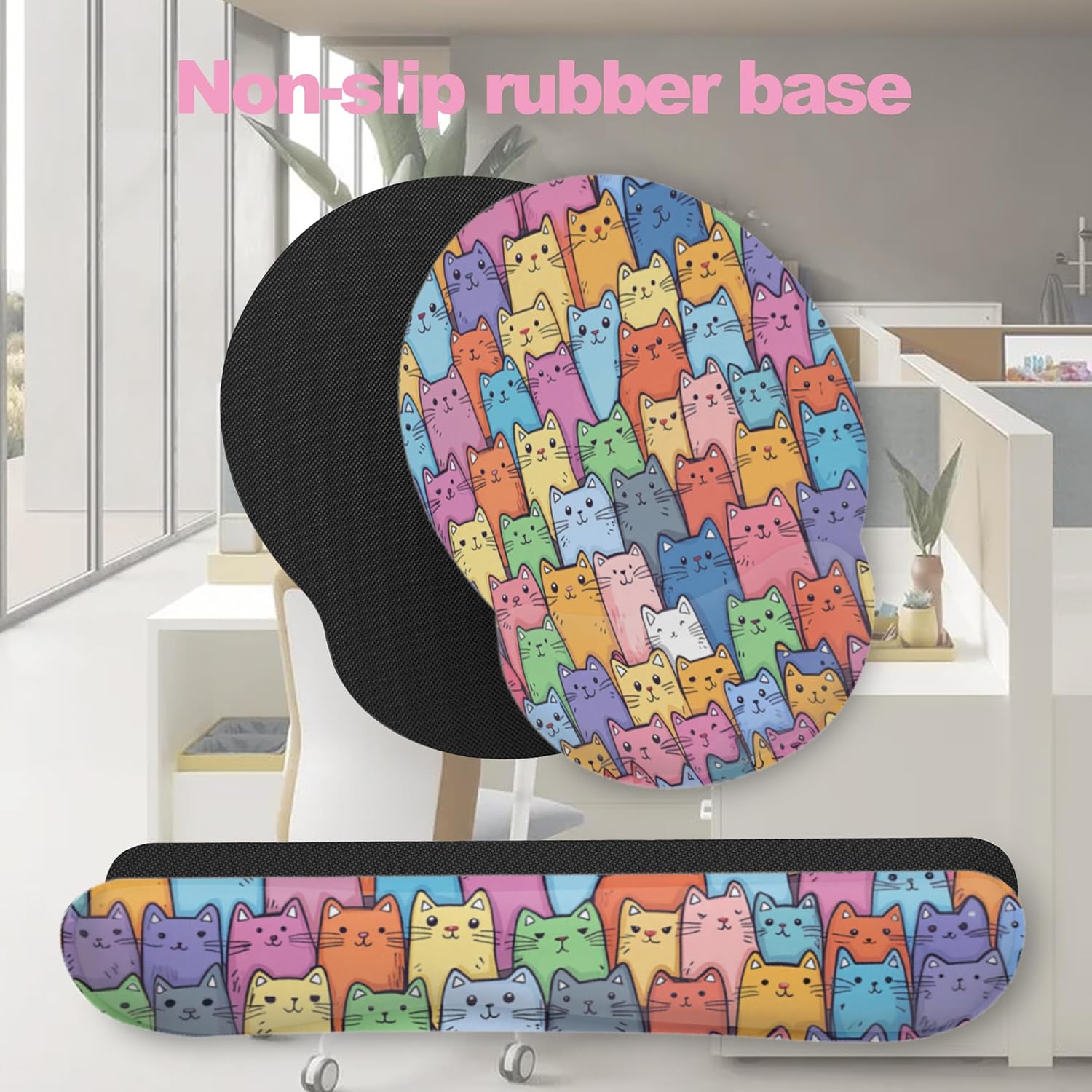 Cute Cat Mouse Pad with Wrist Rest Set, 3-in-1 Wrist Support Mousepad Set, Gaming Mat Pad with Anti-Skid Base,Ergonomic Memory Foam Mouse Pad Set for Women, Office, Typing, Gaming - Image 7