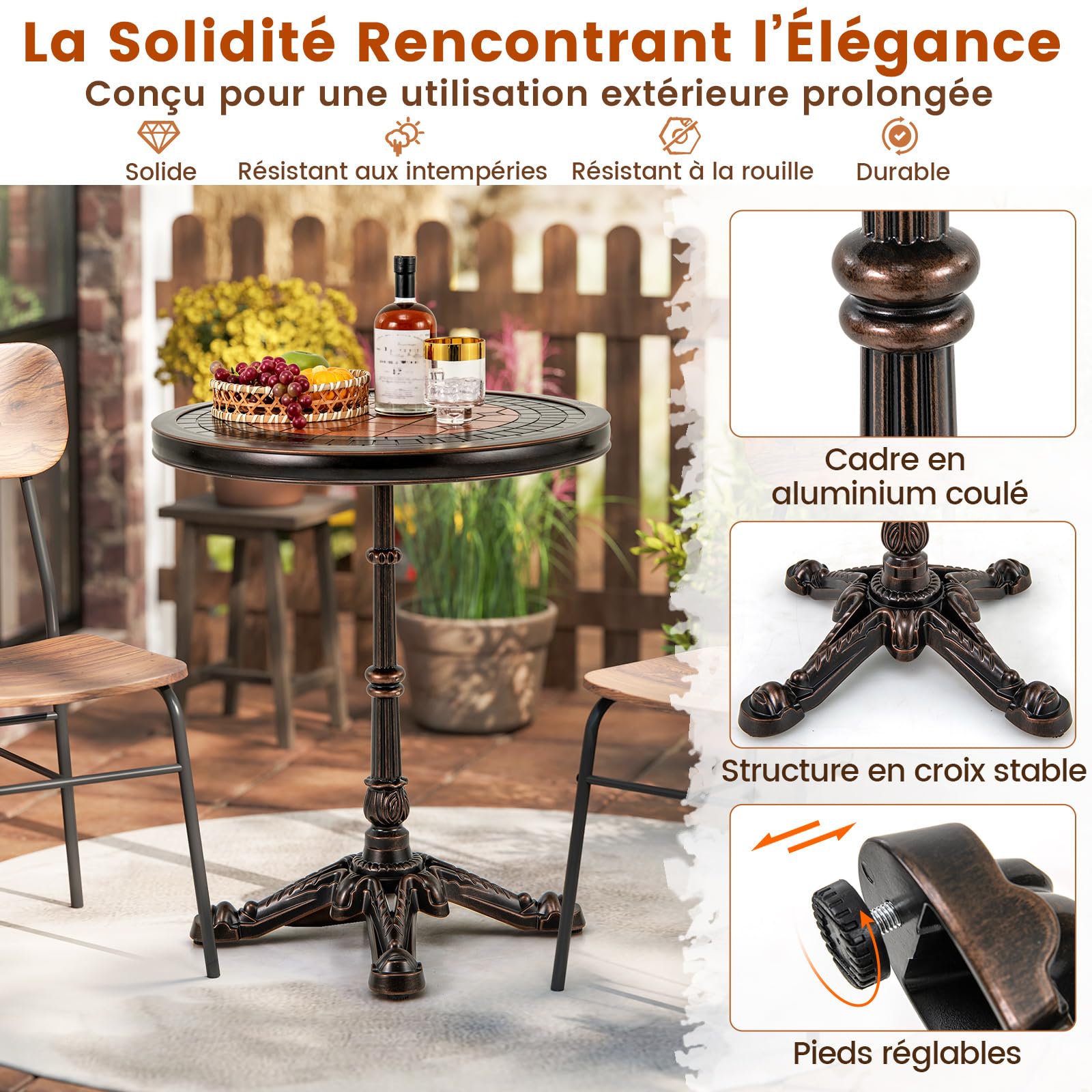 COSTWAY Table de Salle à Manger Ronde 60,5 cm Aluminium Coulé Résistante aux Intempéries Bronze